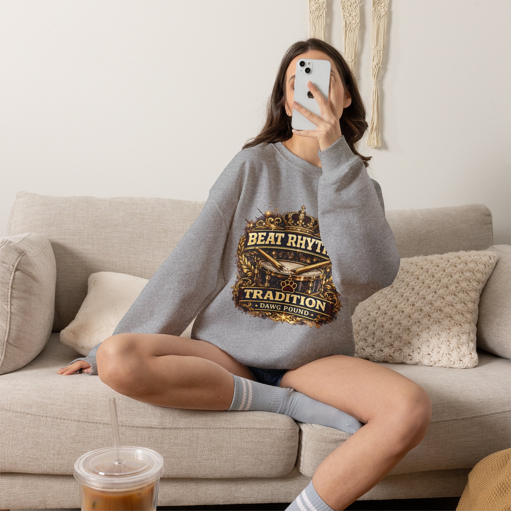 Crewneck Sweatshirt - "Beat Rhythm Tradition" Drumline Crest (Dawg Pound)