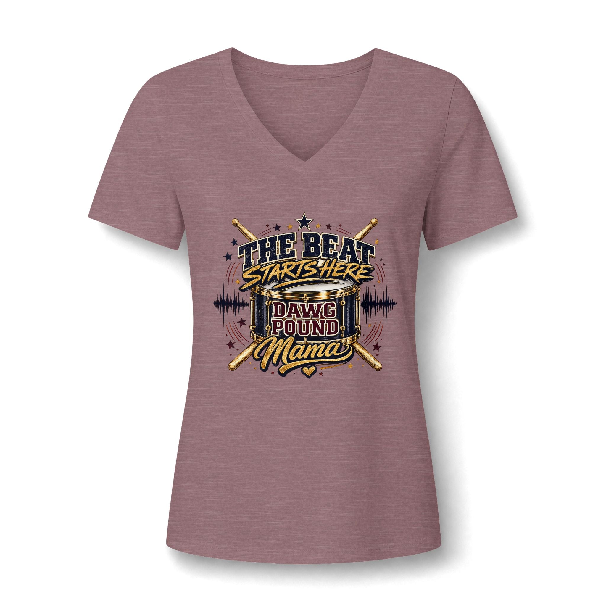 Dawg Pound Mama V-Neck Tee — "The Beat Starts Here" Drumline Mom Shirt