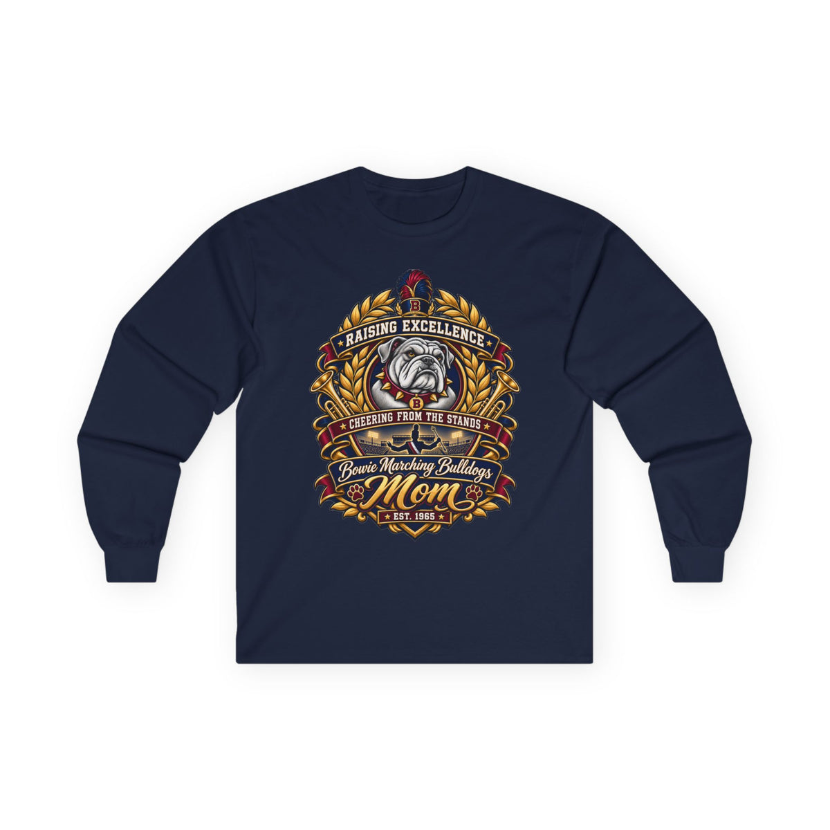 Bulldog Racing Mom Long Sleeve Tee — 'Raising Excellence' Vintage Crest