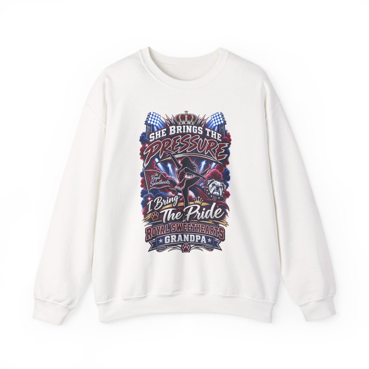 Motorcycle Grandpa Crewneck Sweatshirt — "She Brings the Pressure, I Bring the Pride" Graphic