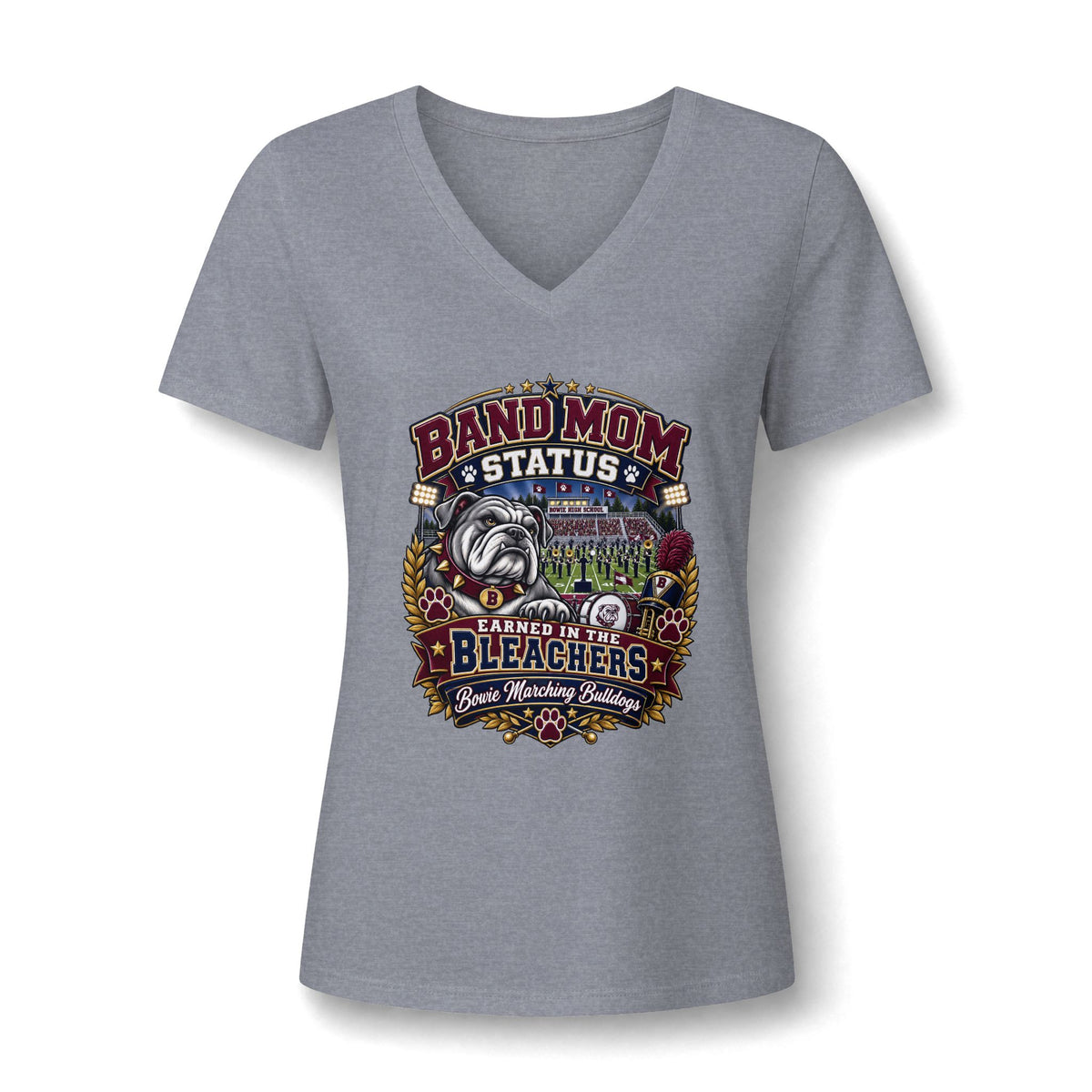 Band Mom V-Neck Tee — "Band Mom Status: Earned in the Stands"
