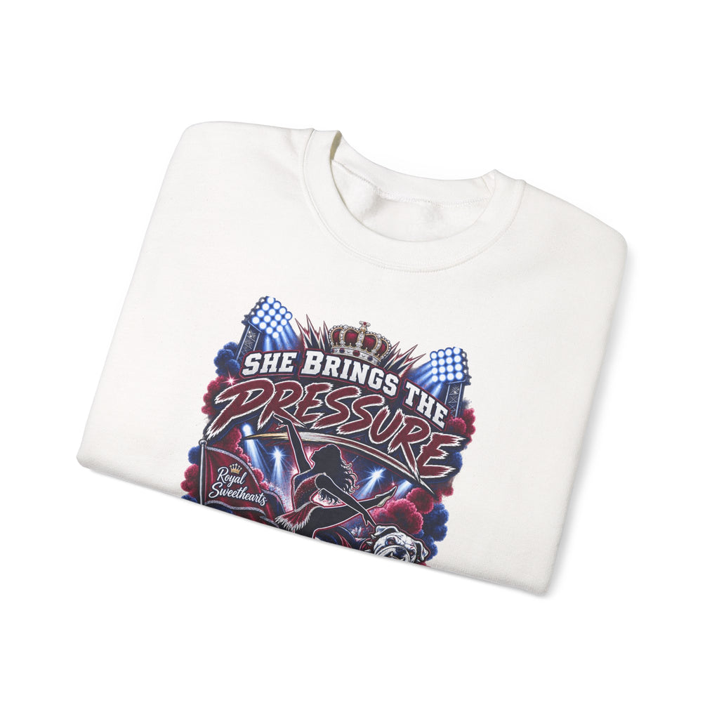 Motorcycle Grandpa Crewneck Sweatshirt — "She Brings the Pressure, I Bring the Pride" Graphic