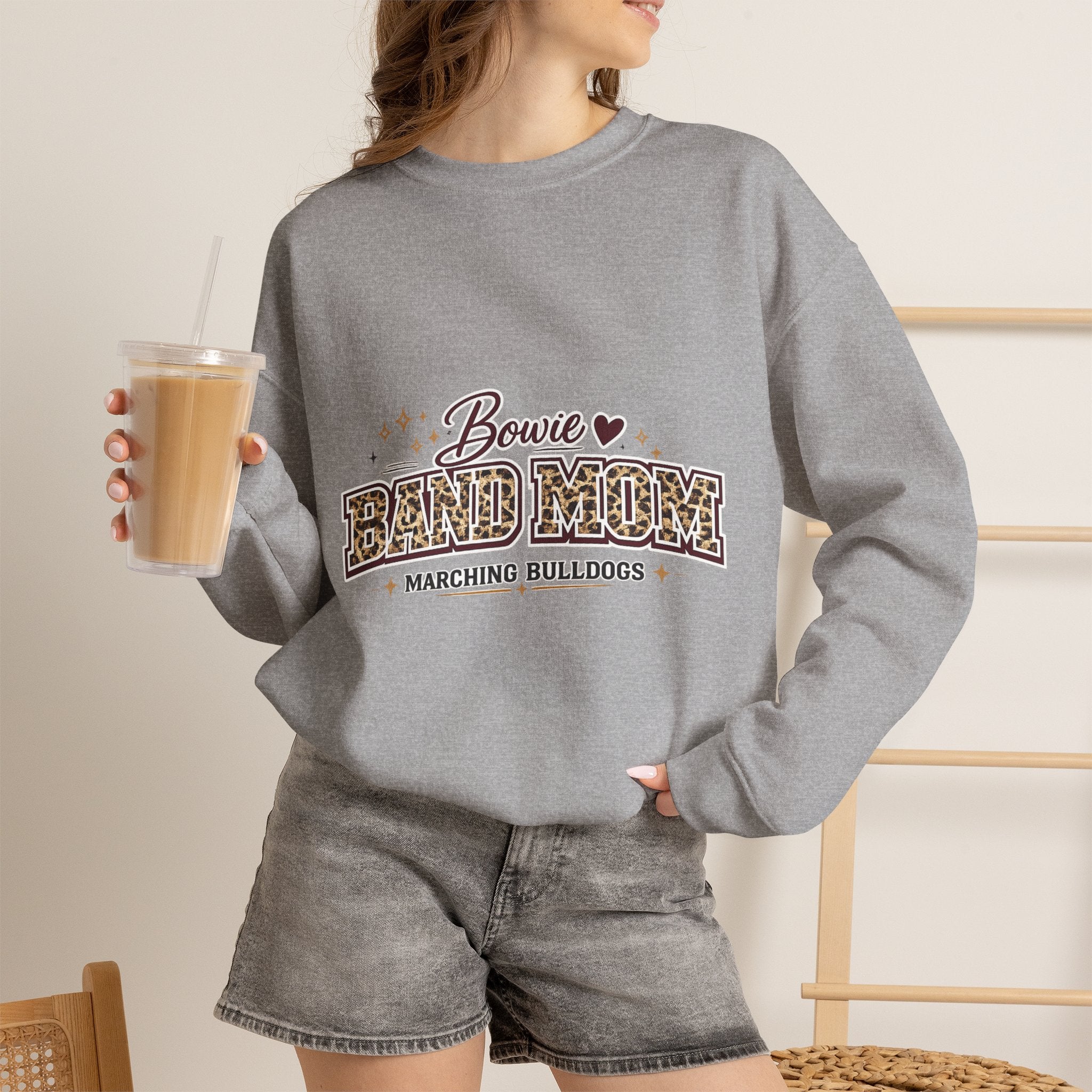 Band Mom Crewneck Sweatshirt — Bowie Marching Bulldogs Leopard Print