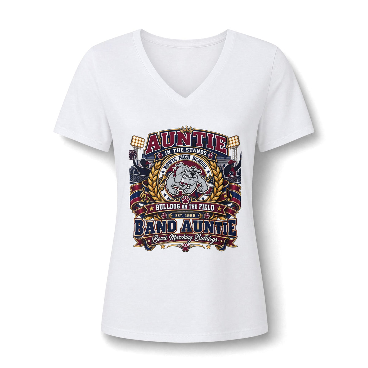 Band Auntie V-Neck Tee — 'Band Auntie' Marching Band Graphic Shirt