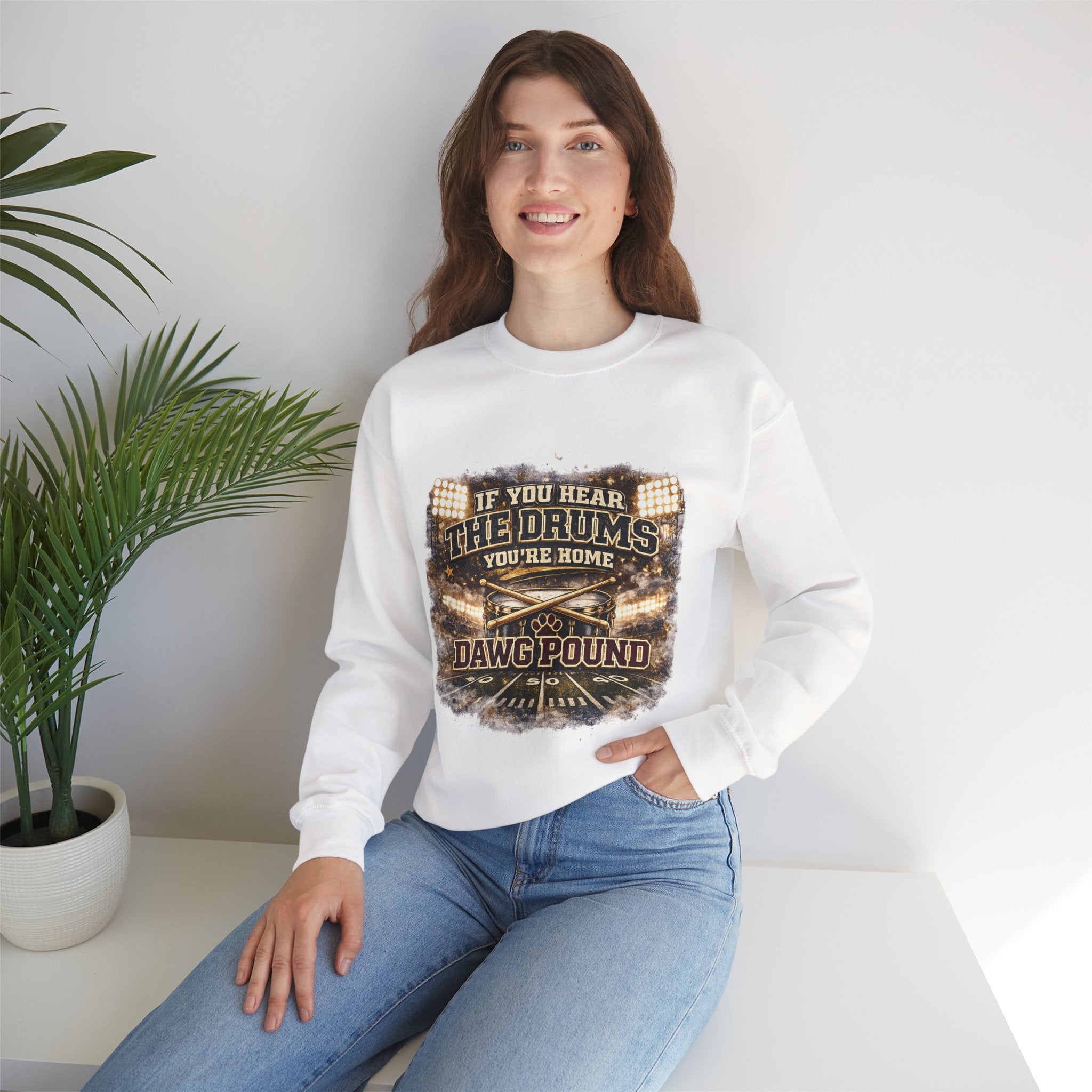 Crewneck Sweatshirt – “If You Hear The Drums You’re Home” Dawg Pound Football Fan Pullover