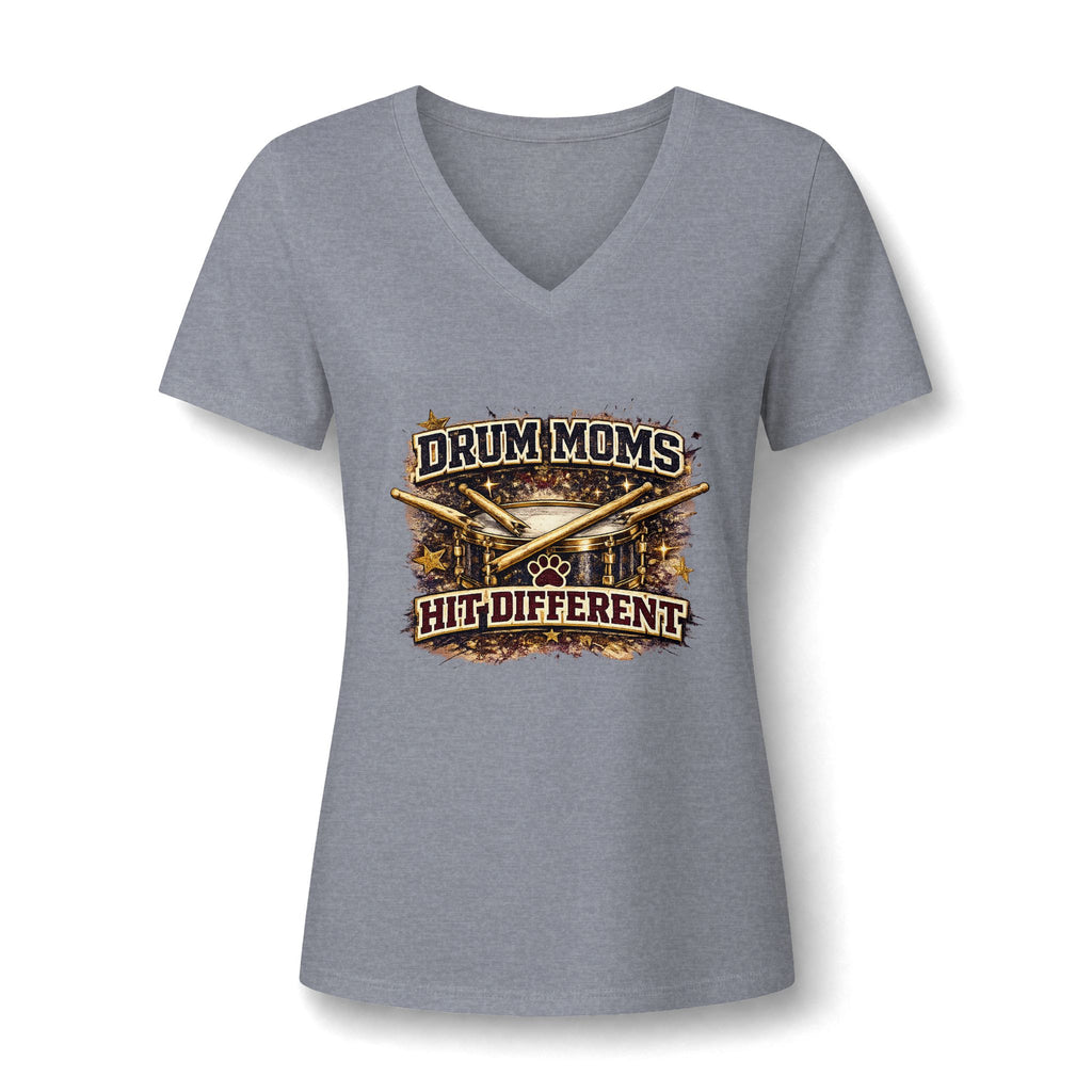 Drum Moms V-Neck Tee — "Drum Moms. A Little Different." Women's Drumline Fan Shirt