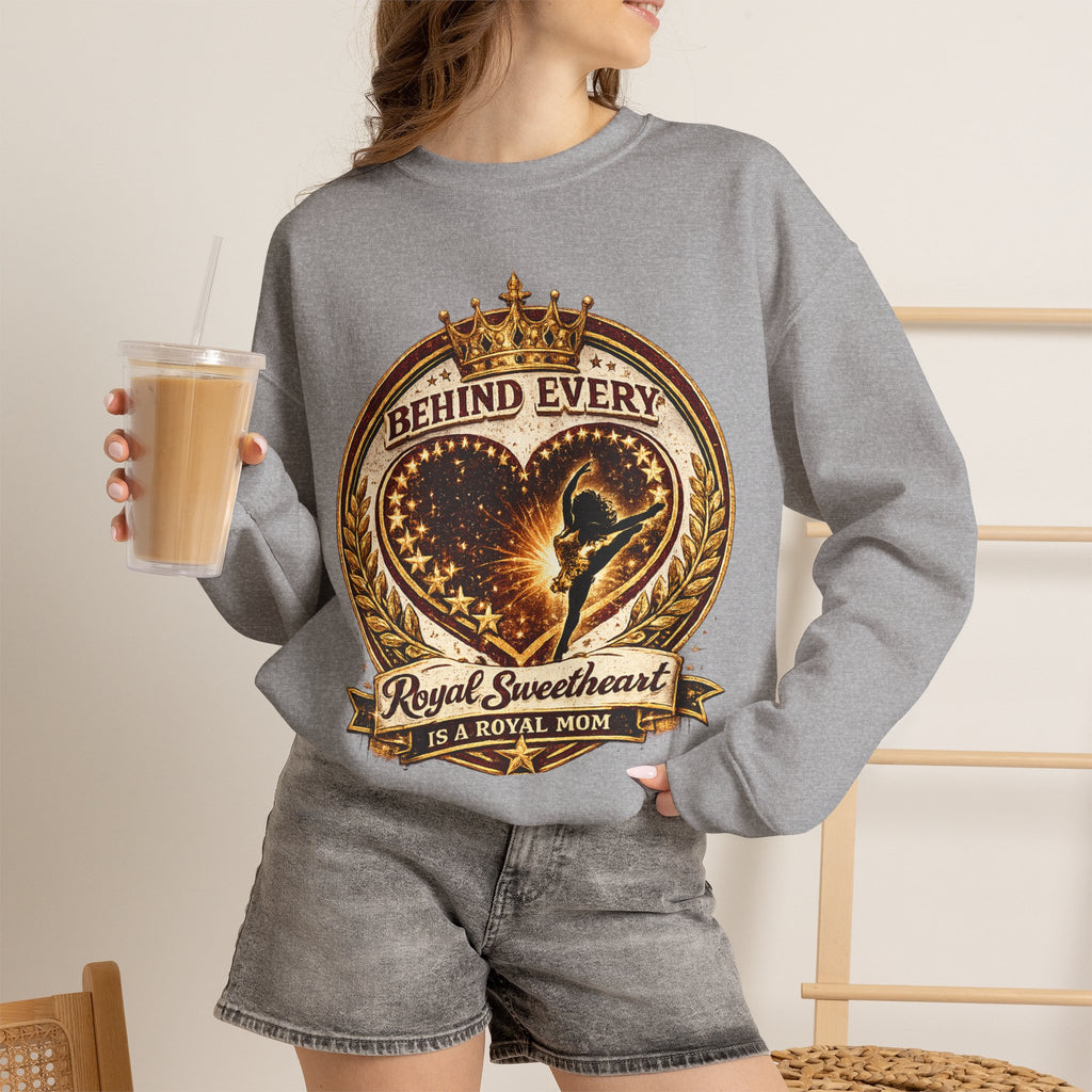 Crewneck Sweatshirt — "Behind Every Royal Sweetheart Is A Royal Mom" Vintage Heart Mom Pullover