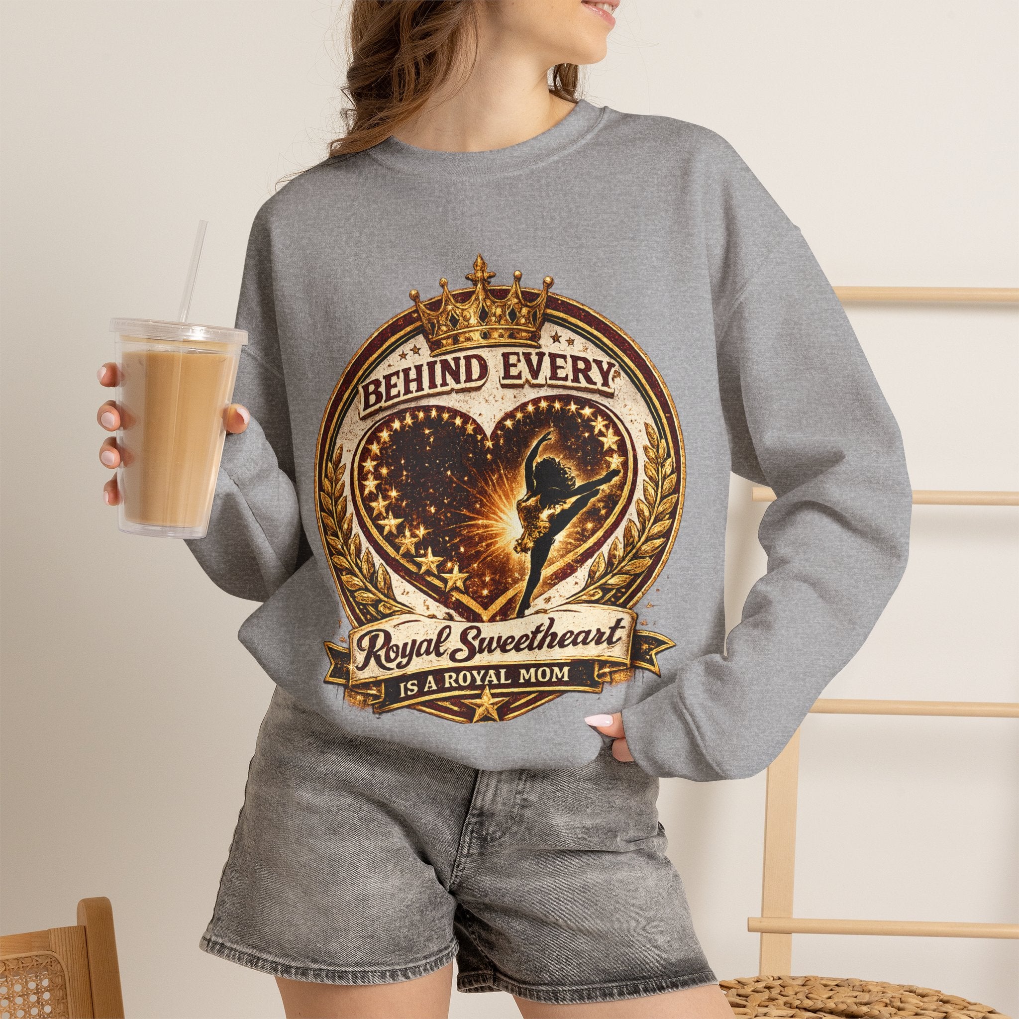 Crewneck Sweatshirt — "Behind Every Royal Sweetheart Is A Royal Mom" Vintage Heart Mom Pullover