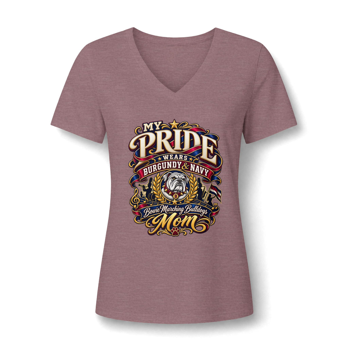 Bulldog Mom V-Neck Tee — My Pride Wears Burgundy & Navy Graphic Shirt
