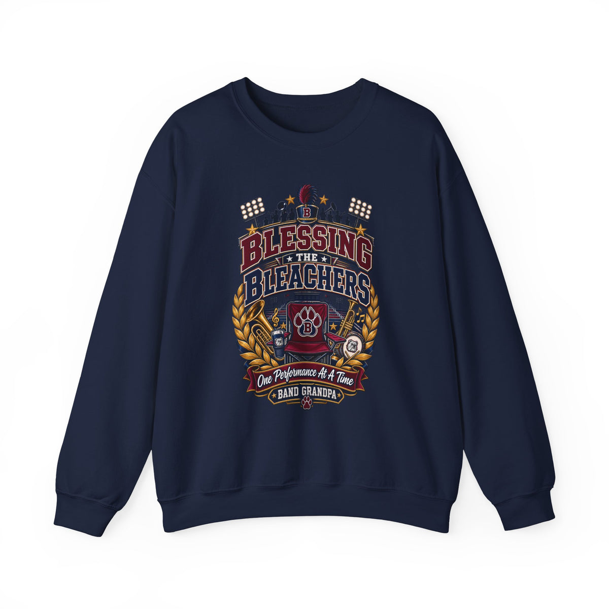 Crewneck Sweatshirt — "Blessing the Stands" High School Band Grandpa Design