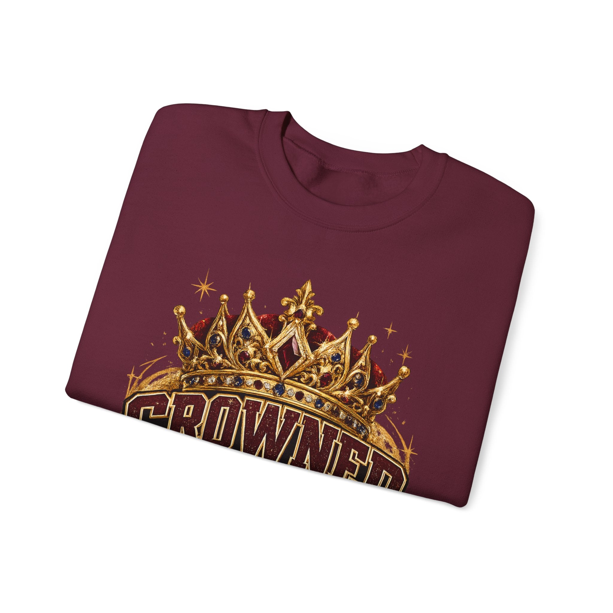 Crowned in Burgundy & Blue Crewneck Sweatshirt — Vintage Royal Crown Graphic