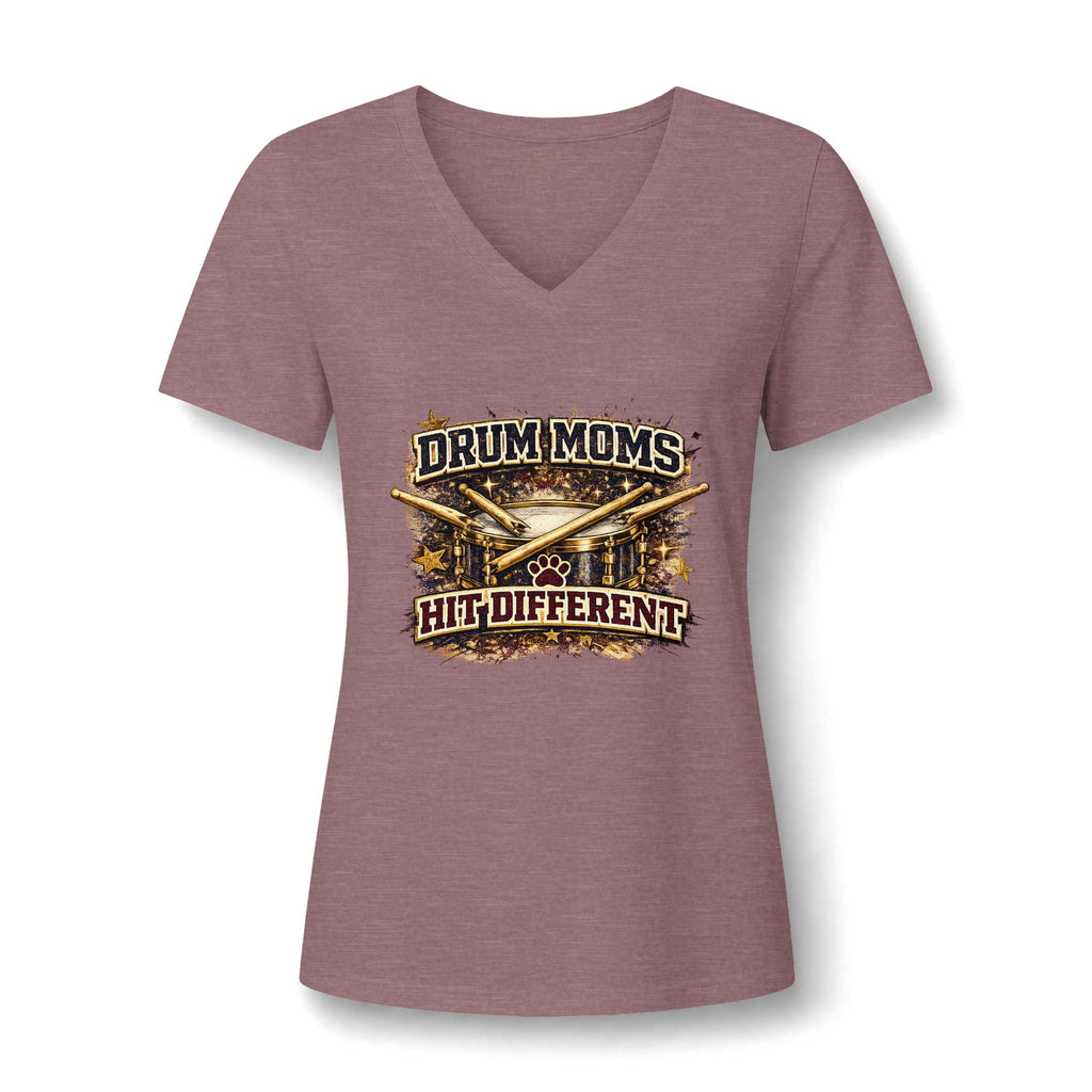 Drum Moms V-Neck Tee — "Drum Moms. A Little Different." Women's Drumline Fan Shirt