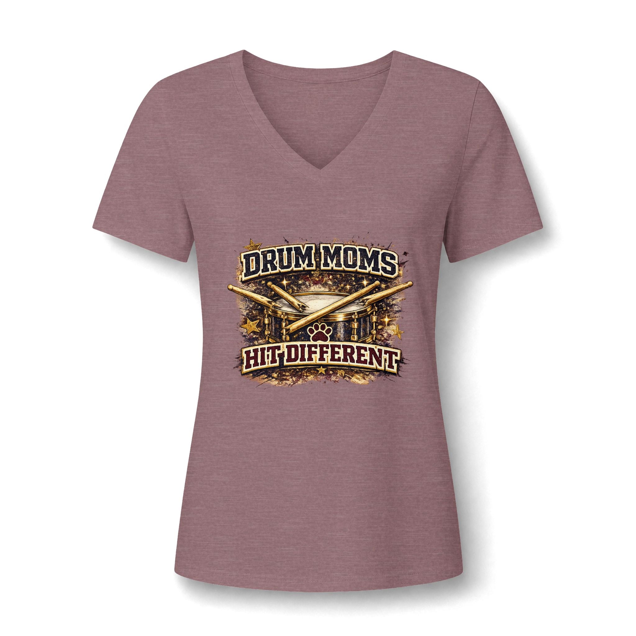 Drum Moms V-Neck Tee — "Drum Moms. A Little Different." Women's Drumline Fan Shirt