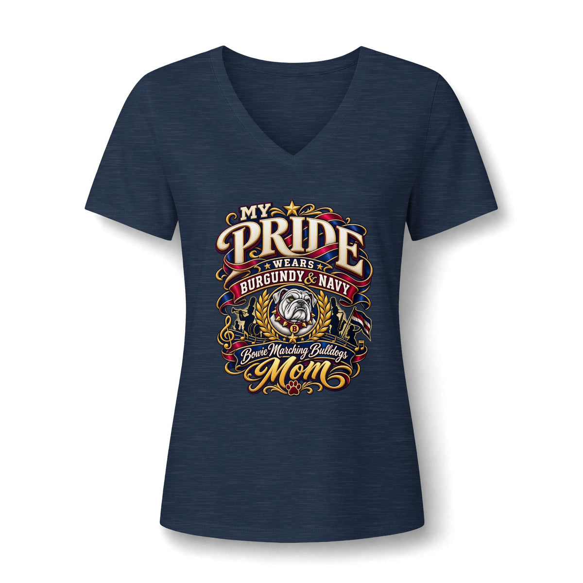 Bulldog Mom V-Neck Tee — My Pride Wears Burgundy & Navy Graphic Shirt