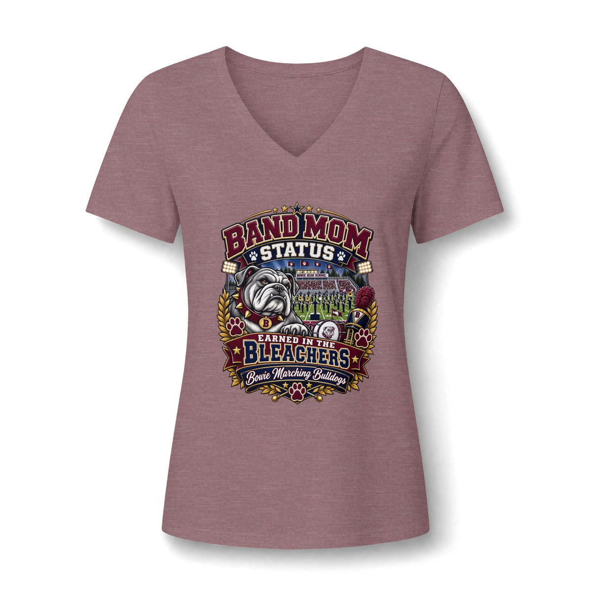 Band Mom V-Neck Tee — "Band Mom Status: Earned in the Stands"