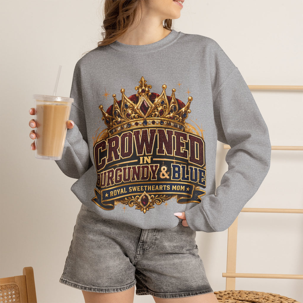 Crowned in Burgundy & Blue Crewneck Sweatshirt — Vintage Royal Crown Graphic