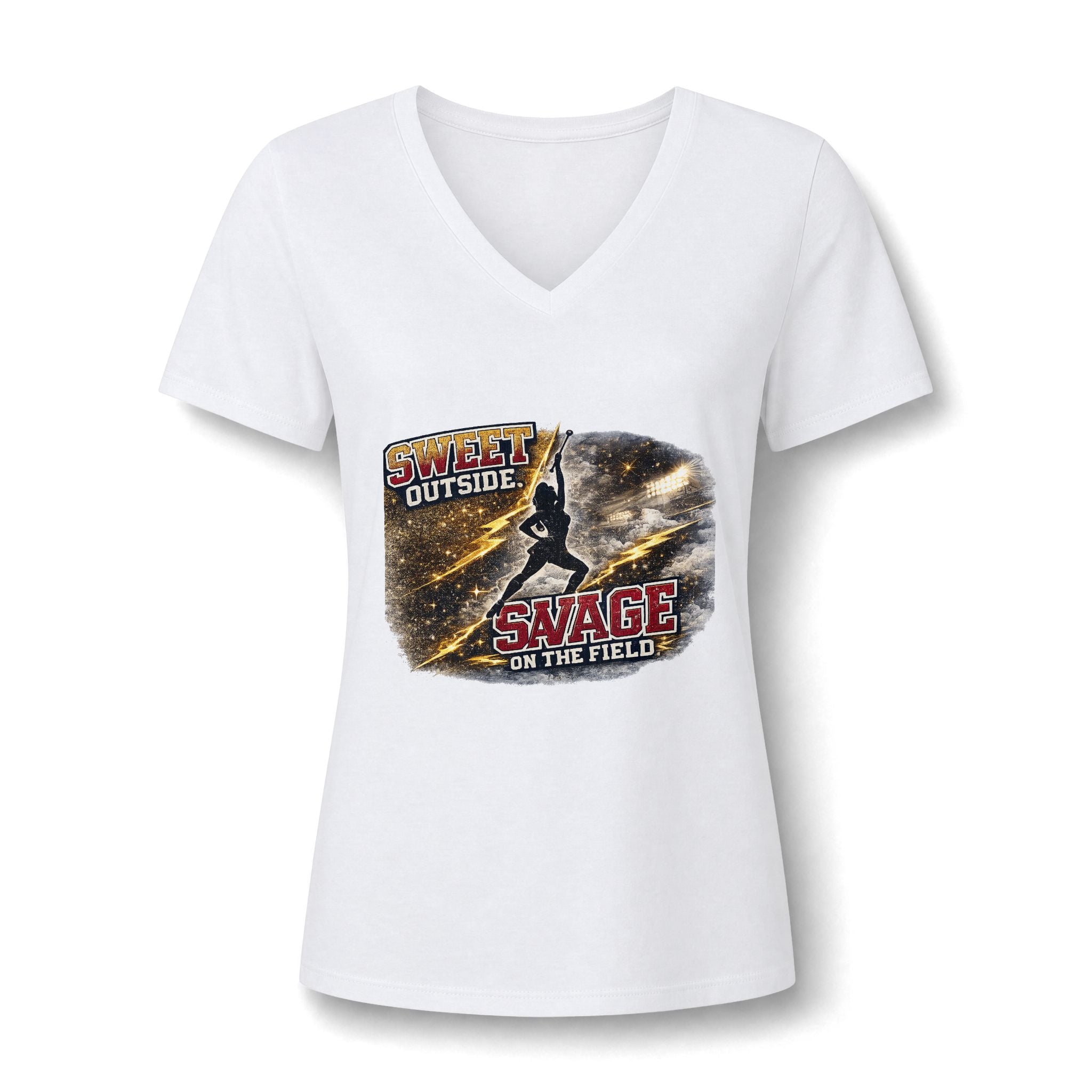 Women's V-Neck Tee — "Sweet Outside, Savage on the Field" Graphic Baseball Softball Shirt