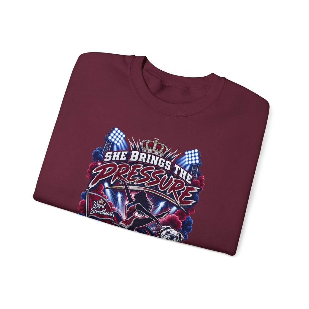 Motorcycle Grandpa Crewneck Sweatshirt — "She Brings the Pressure, I Bring the Pride" Graphic