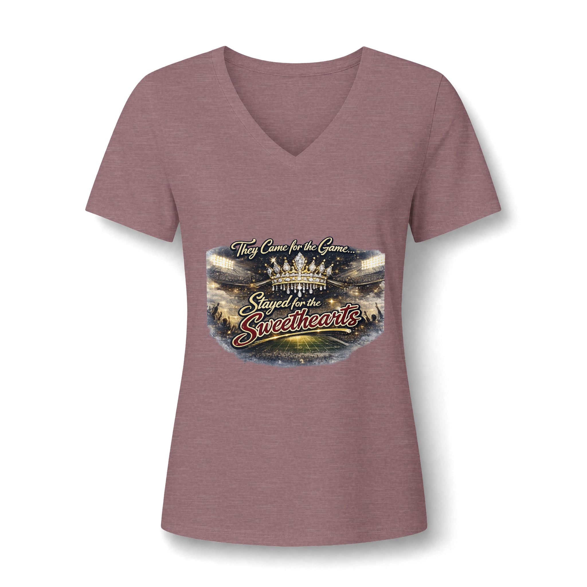 Women's V-Neck Tee — "They Came for the Game, Stayed for the Sweethearts" Football Fan Shirt