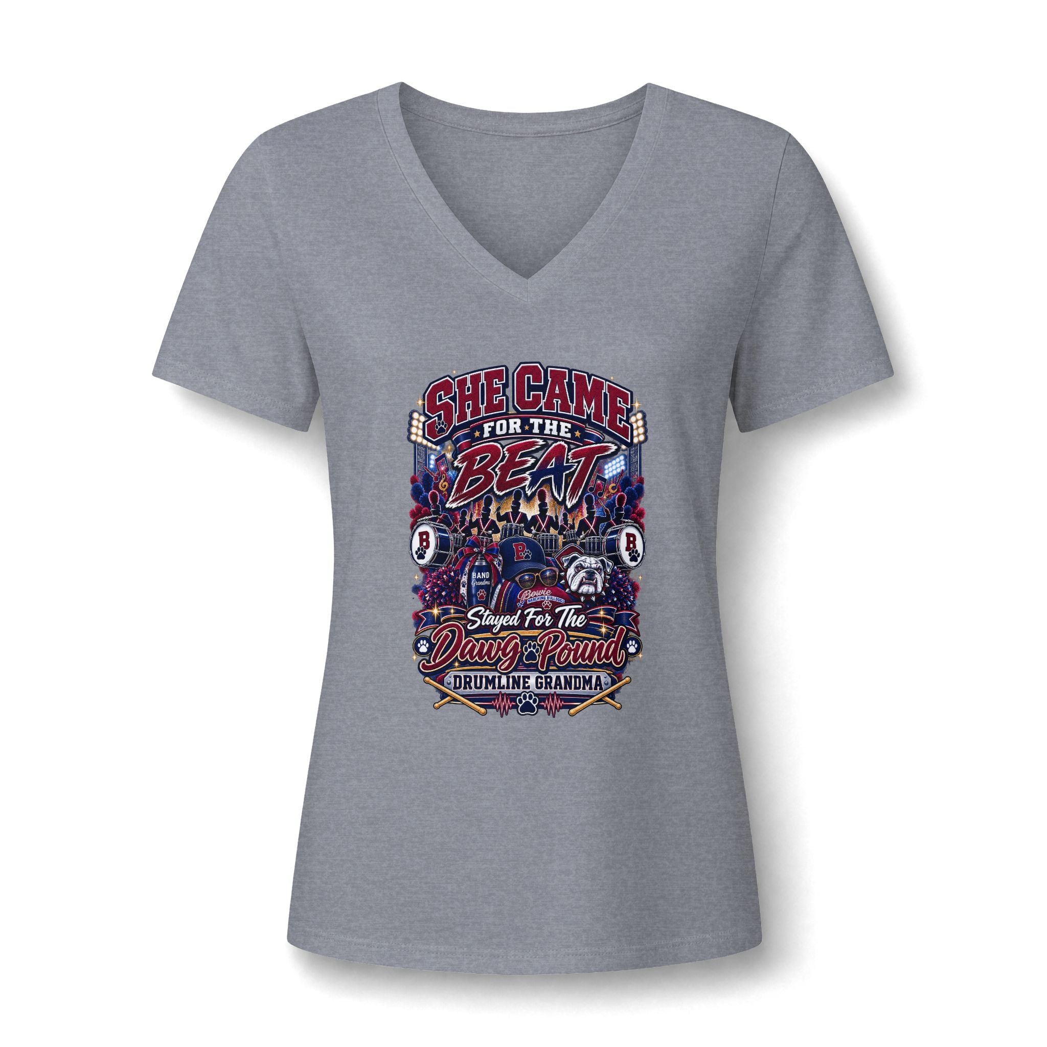 She Came for the Beat V-Neck Tee – Drumline Grandma Music Festival Shirt