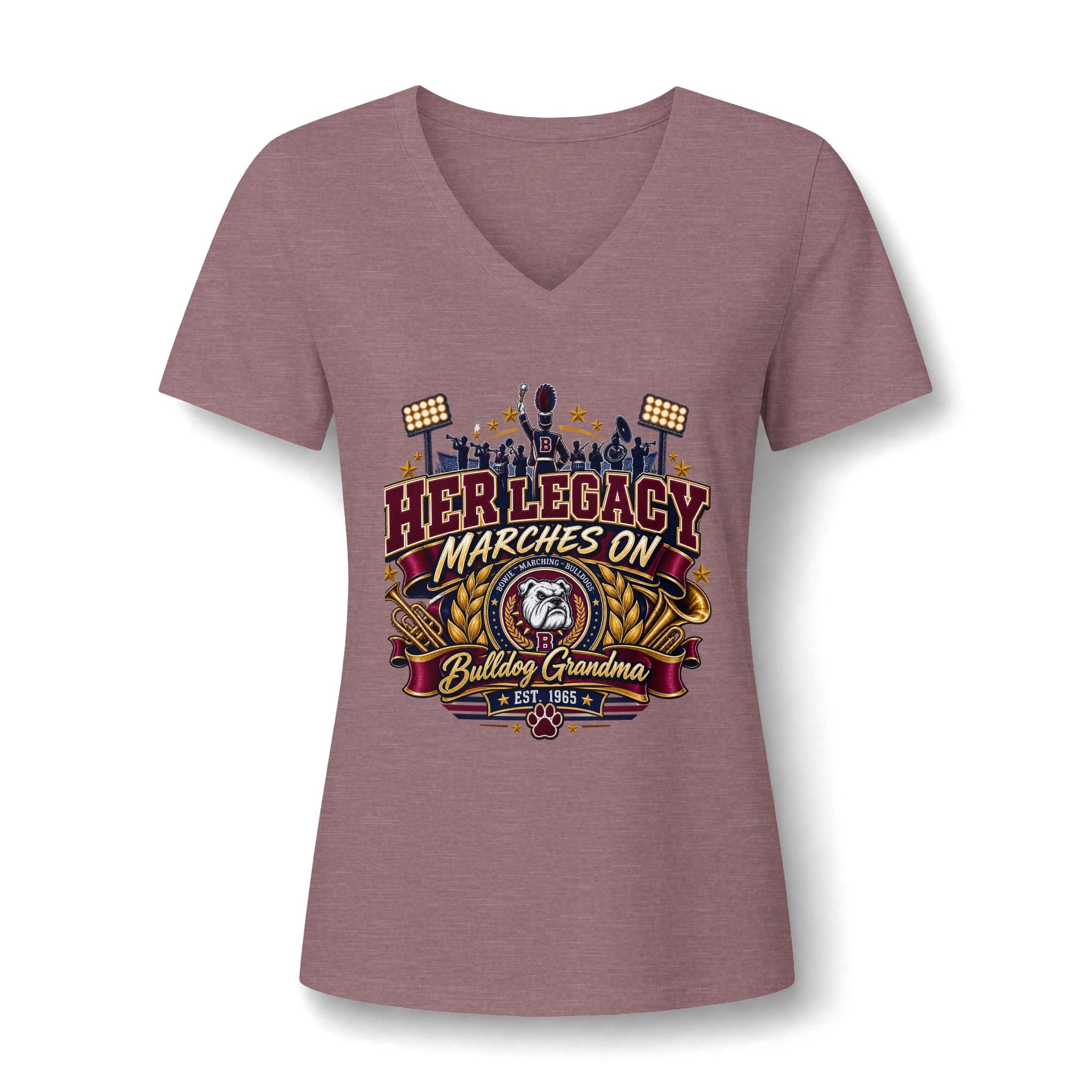 Her Legacy Marches On V-Neck Tee — Bulldog Grandma Spirit Shirt