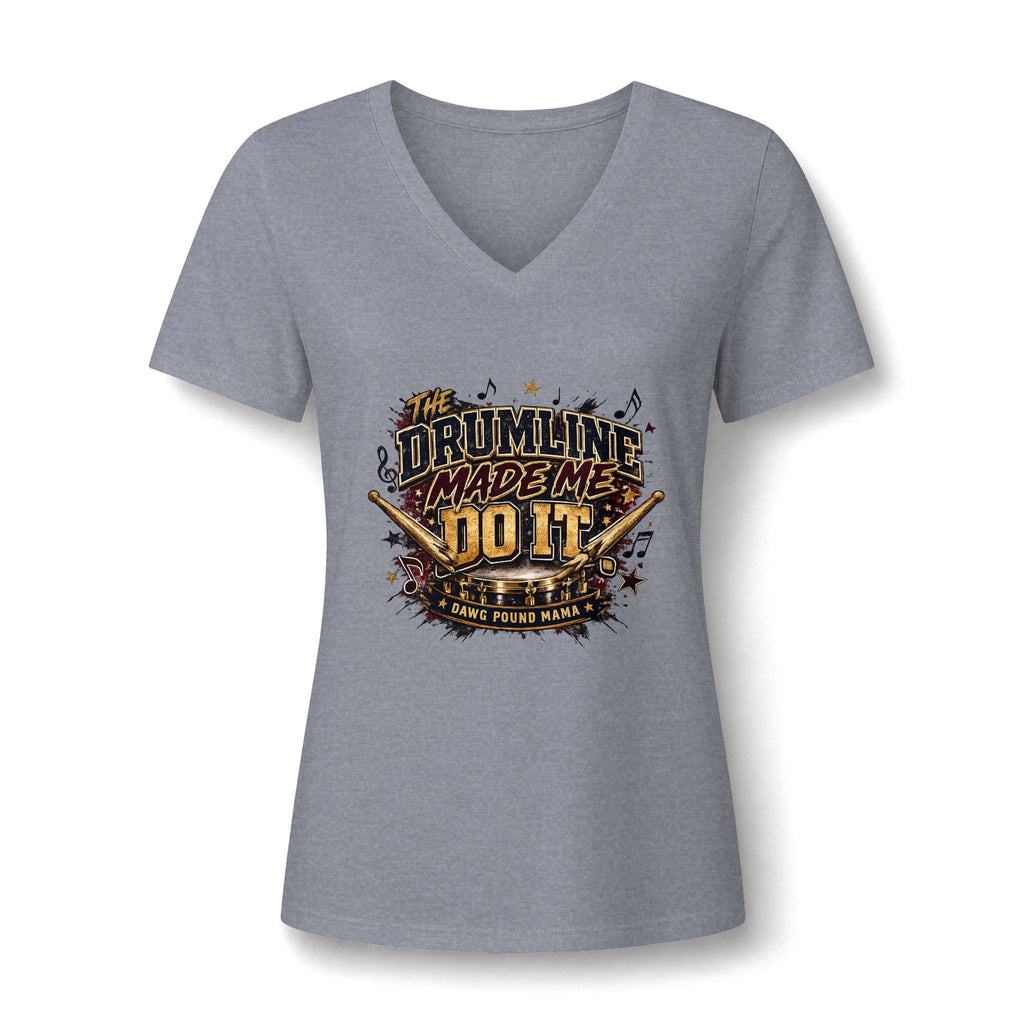Drumline Made Me Do It V-Neck Tee — Women’s Drumline Drumstick Graphic Shirt