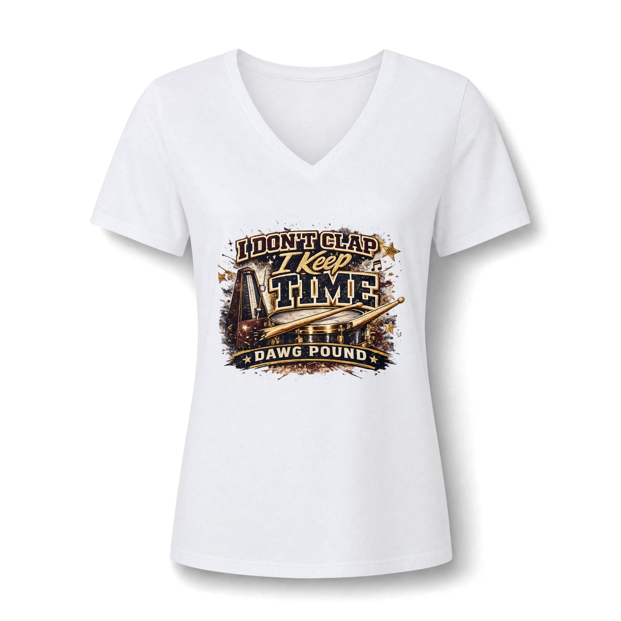 Dawg Pound V-Neck Tee — "I Don't Clap, I Keep Time" Women's Football Fan Shirt
