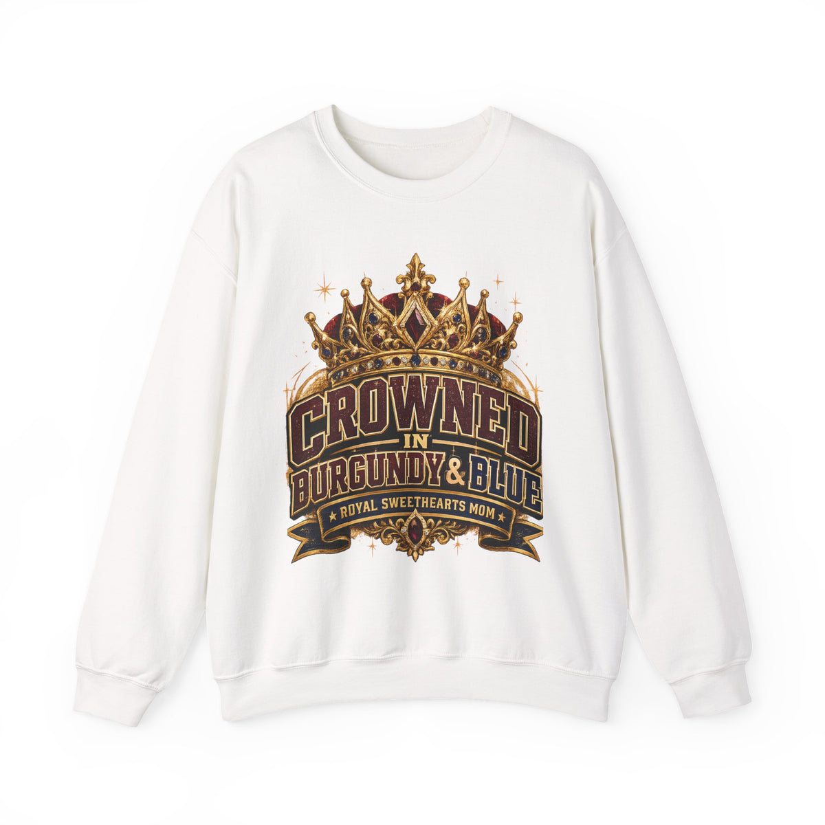 Crowned in Burgundy & Blue Crewneck Sweatshirt — Vintage Royal Crown Graphic