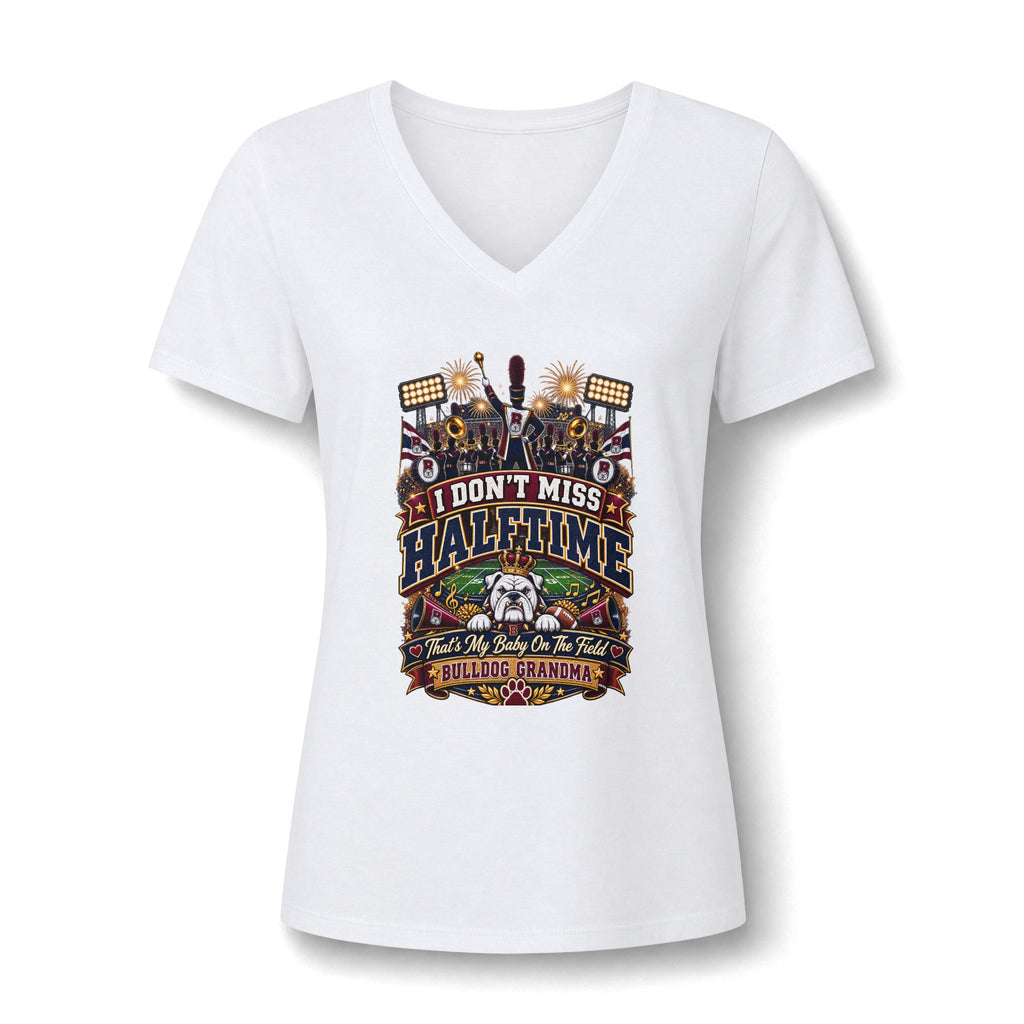 V-Neck Tee – I Don't Miss Halftime (Bulldog Grandma Football Fan Shirt)