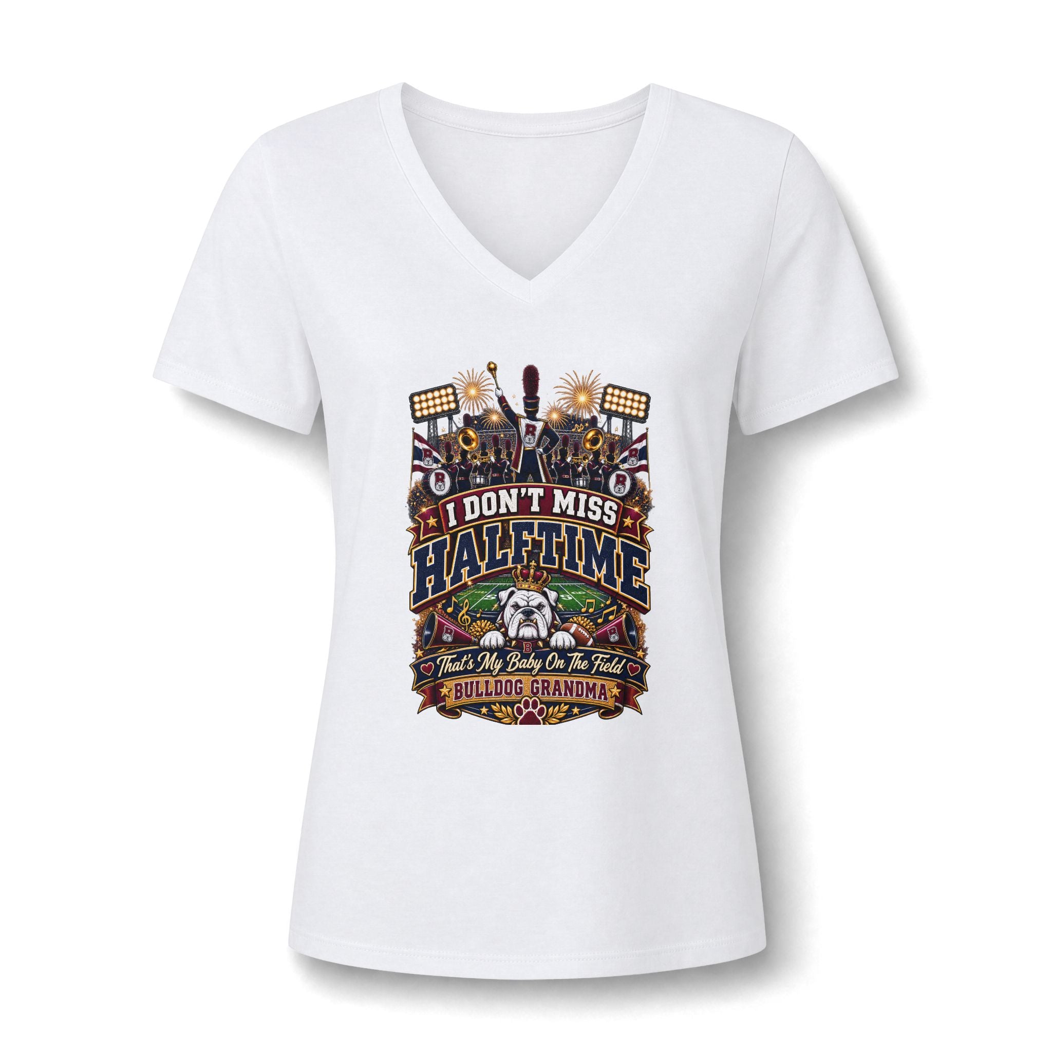 V-Neck Tee – I Don't Miss Halftime (Bulldog Grandma Football Fan Shirt)