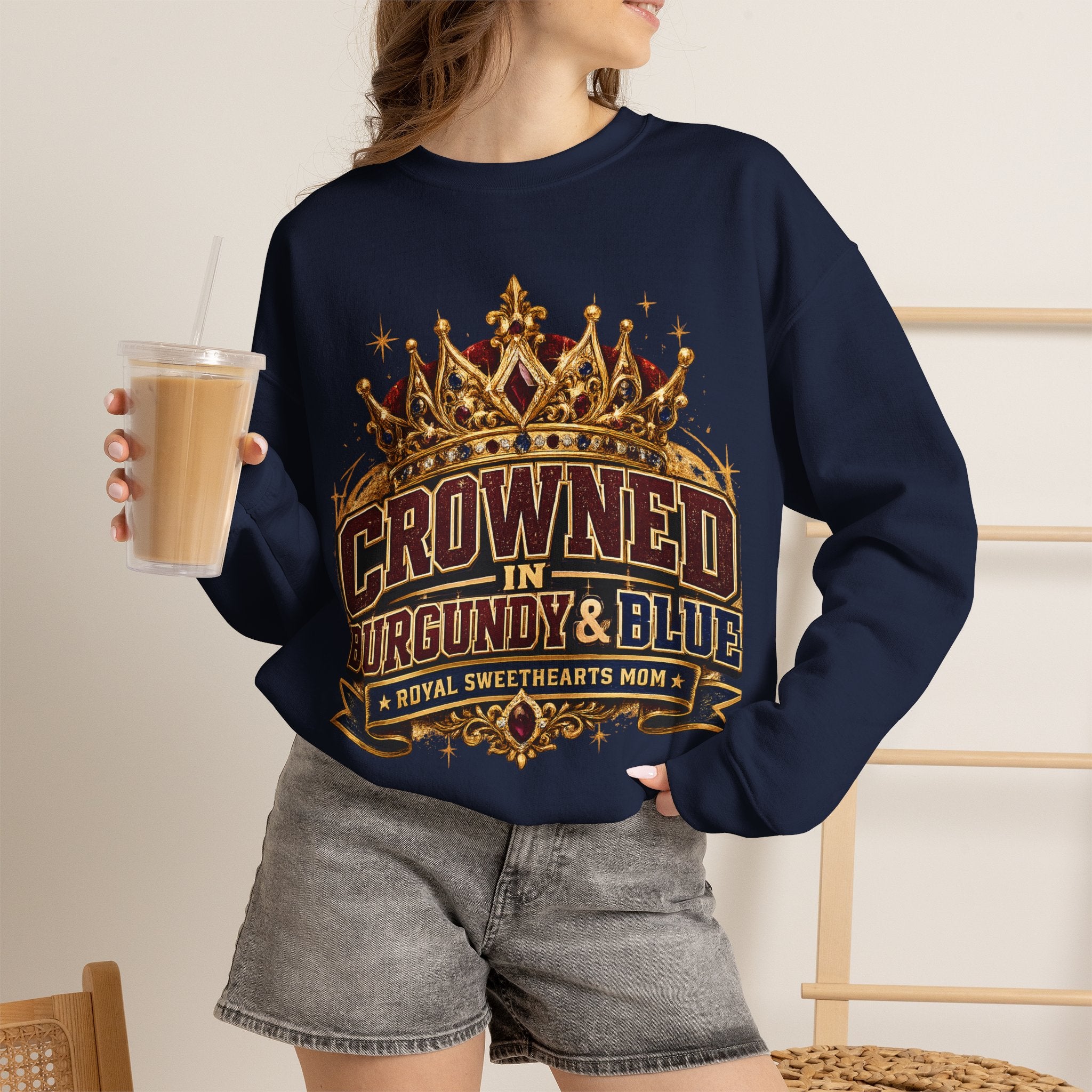 Crowned in Burgundy & Blue Crewneck Sweatshirt — Vintage Royal Crown Graphic