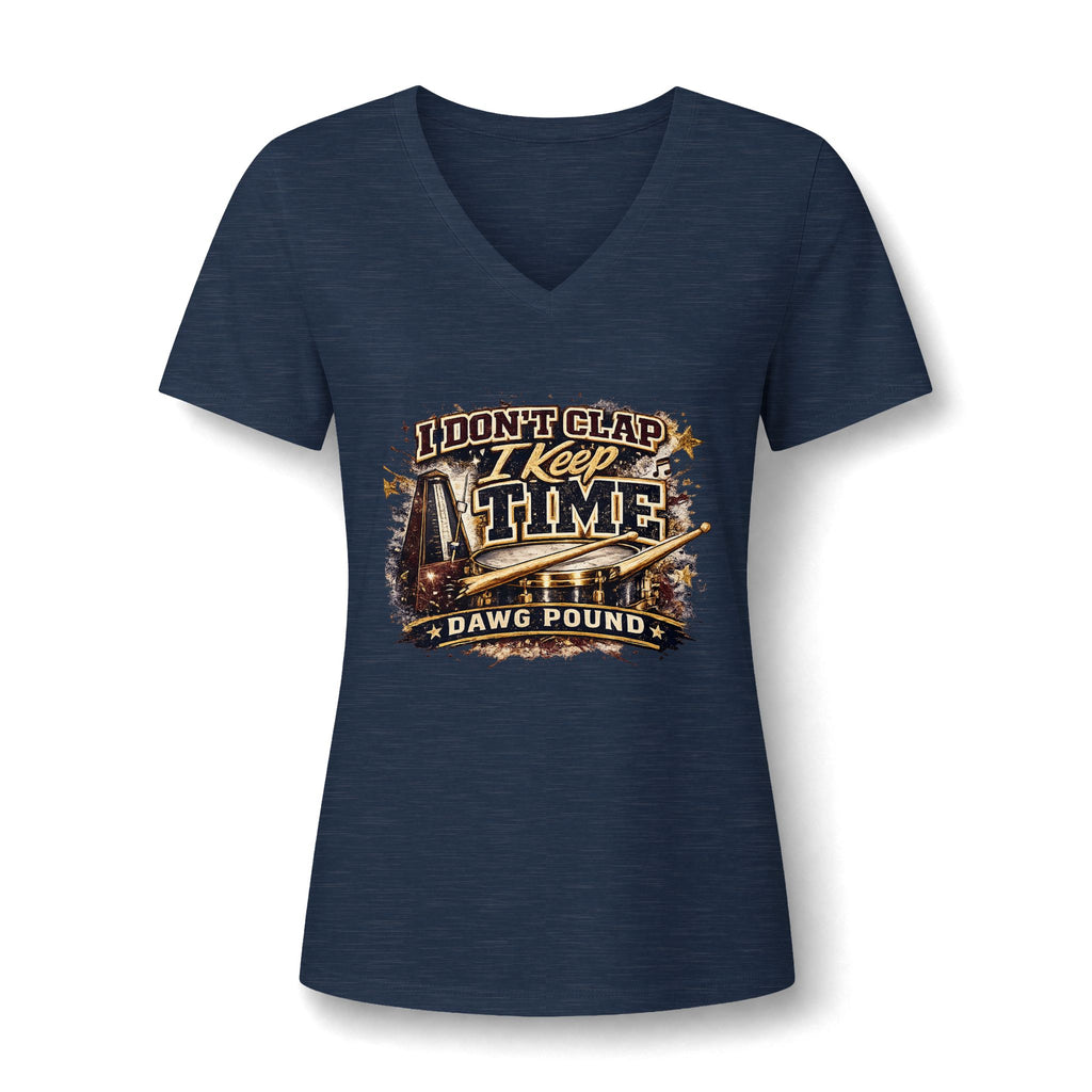Dawg Pound V-Neck Tee — "I Don't Clap, I Keep Time" Women's Football Fan Shirt