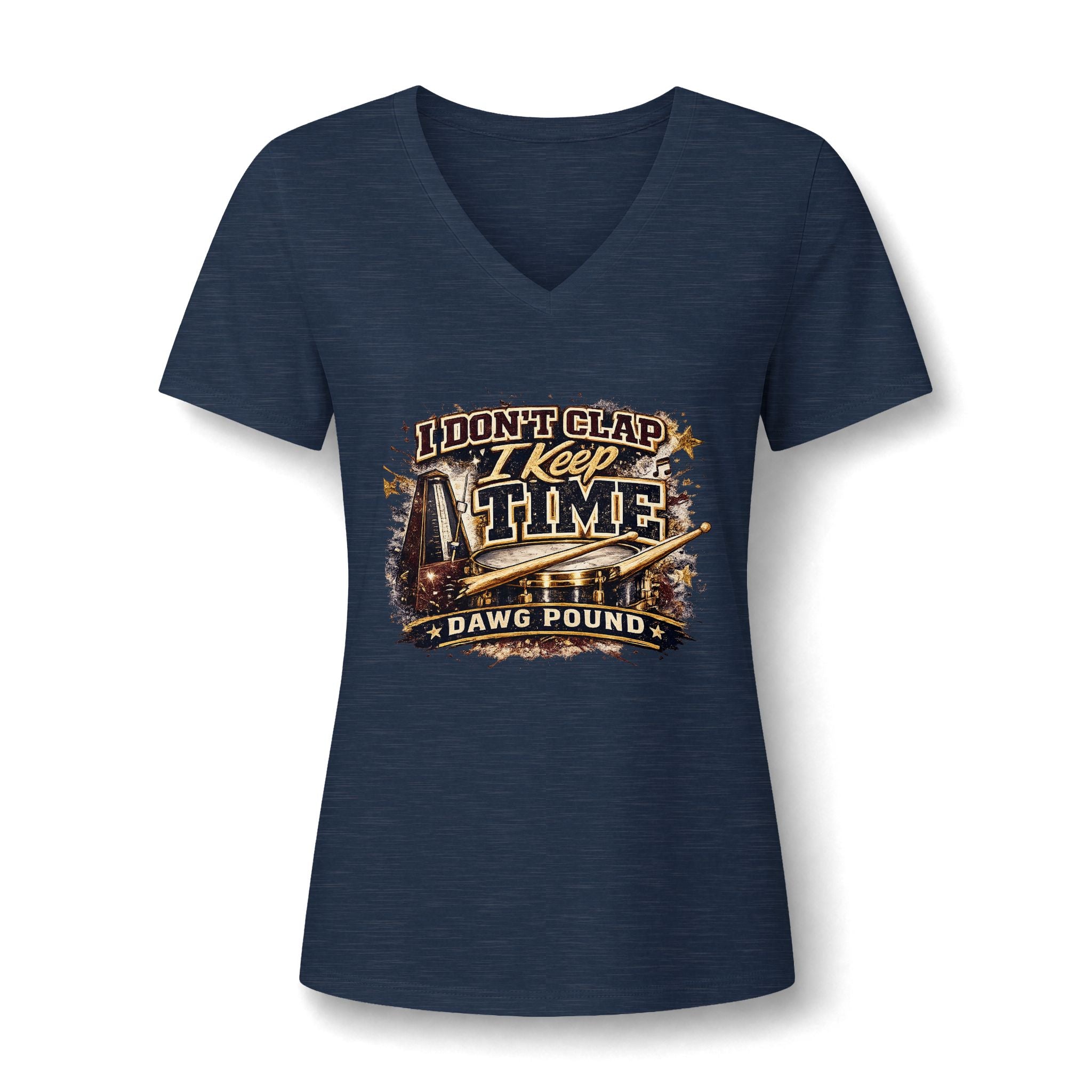 Dawg Pound V-Neck Tee — "I Don't Clap, I Keep Time" Women's Football Fan Shirt