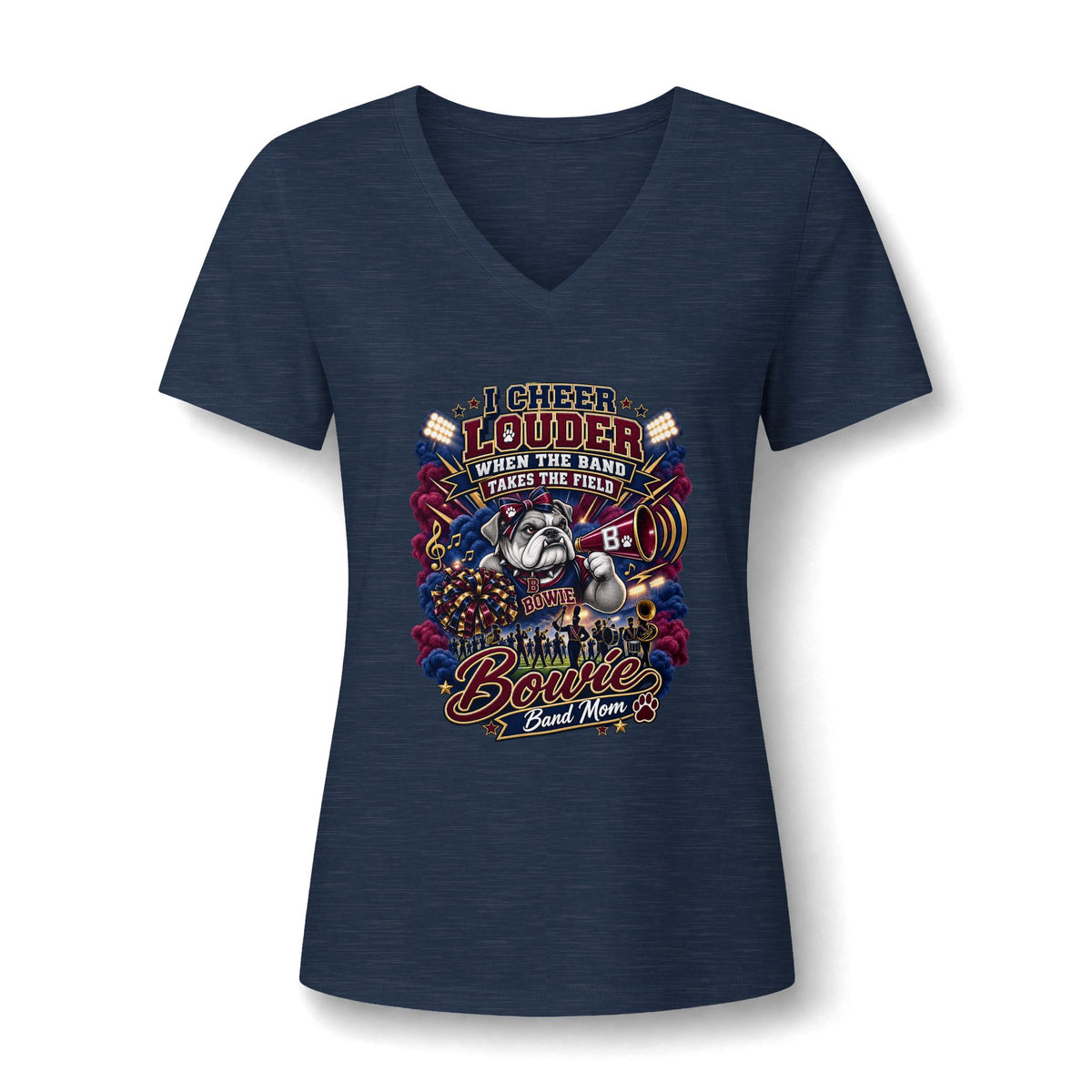 Women's V-Neck Tee — 'Cheer Louder' Bulldog Bowling Team Graphic Shirt