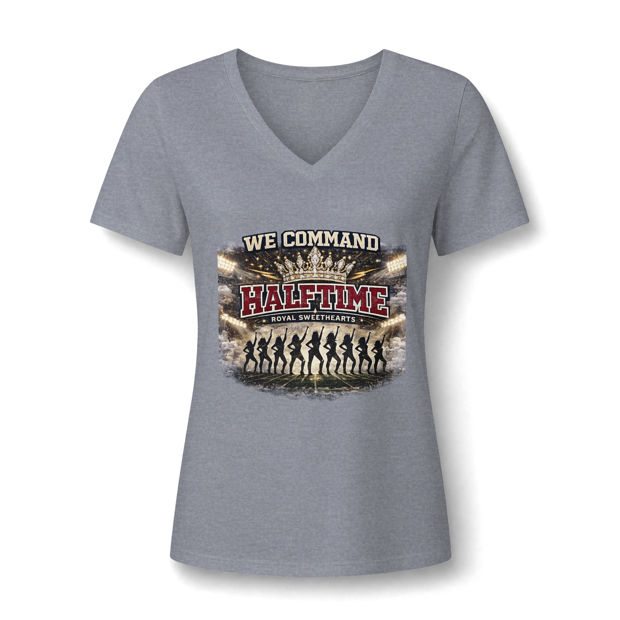 Halftime Dance Team V-Neck Tee — "We Command Halftime" Women's Graphic Shirt
