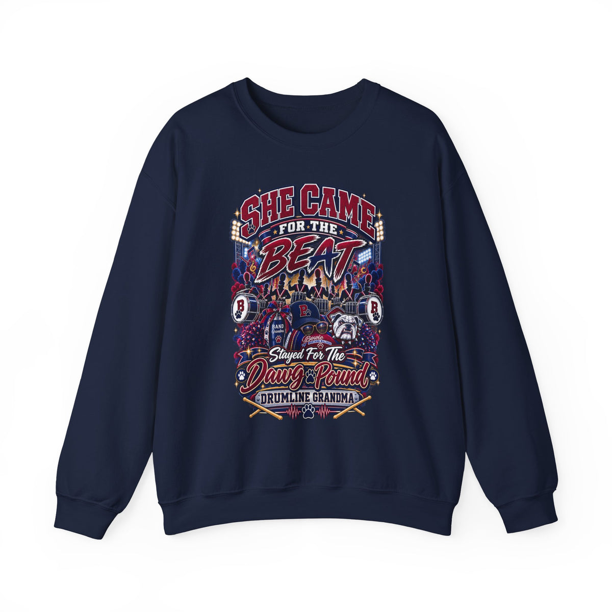 She Came for the Beat Crewneck Sweatshirt — Funny Drumline Grandma Graphic Pullover