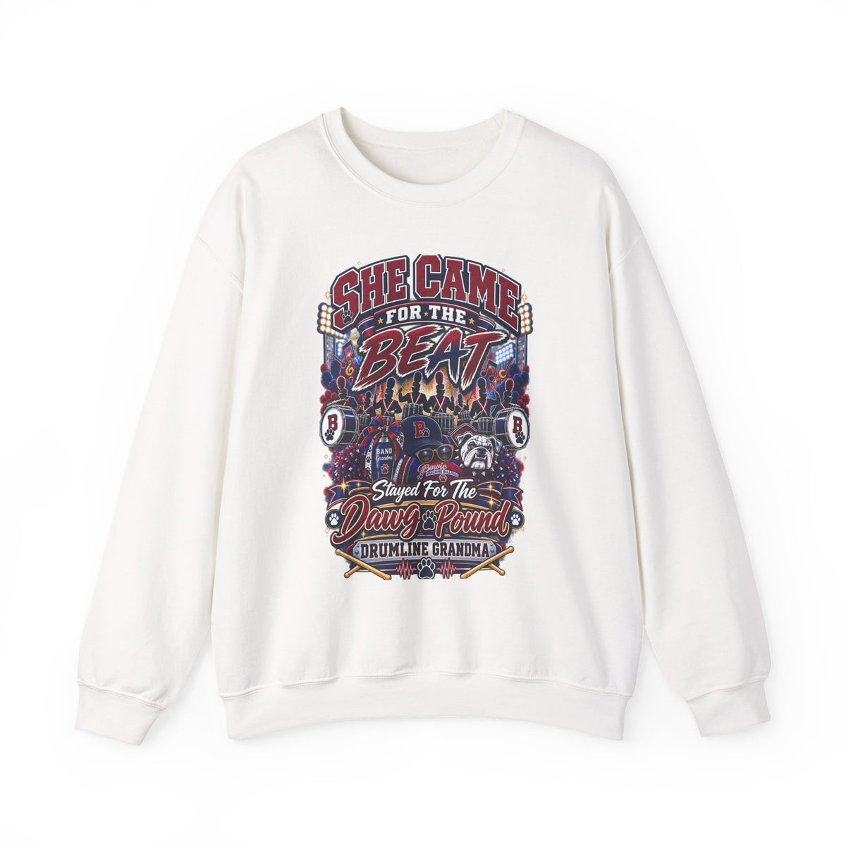 She Came for the Beat Crewneck Sweatshirt — Funny Drumline Grandma Graphic Pullover