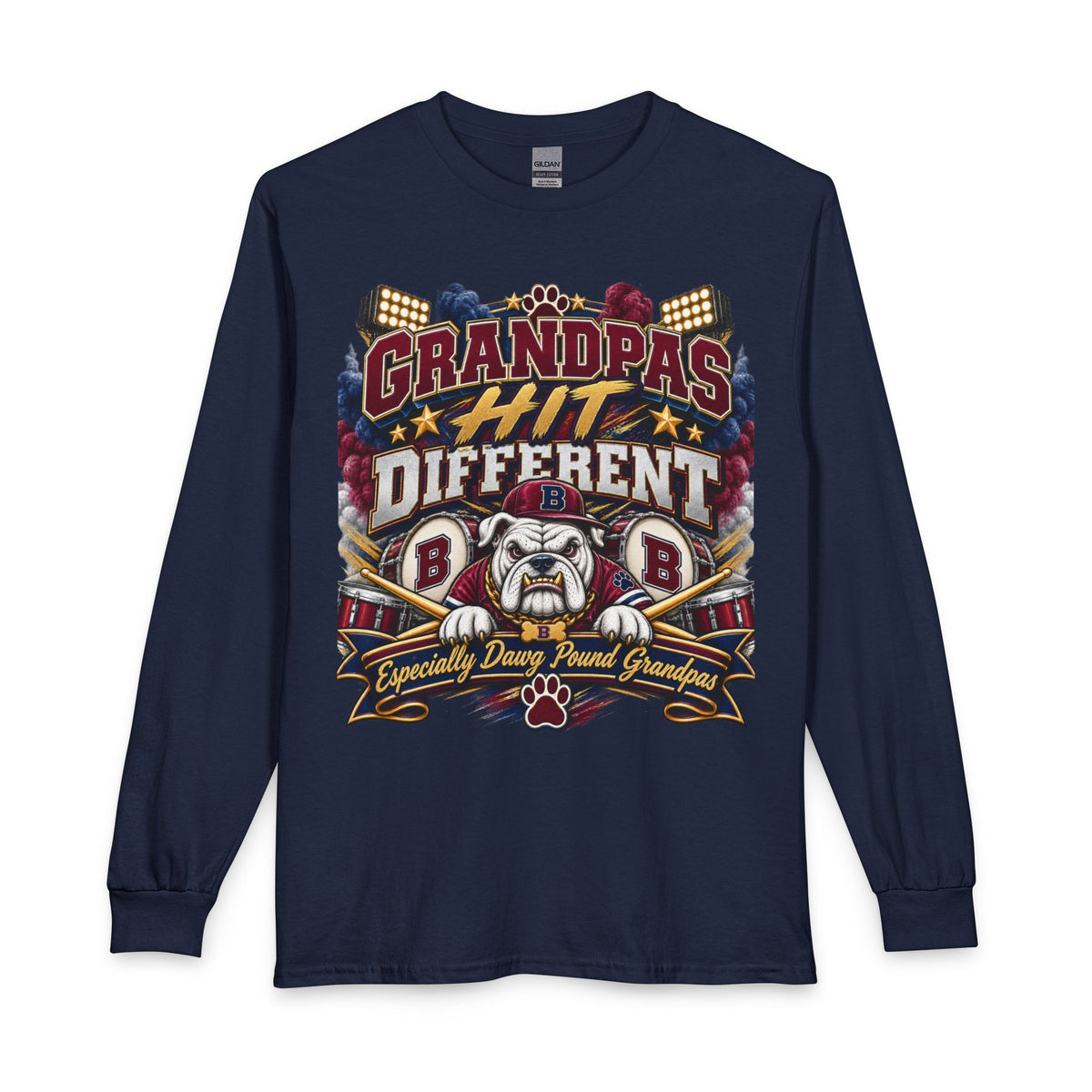 Grandpas Hit Different Long Sleeve Tee — "Especially Daring Proud Grandpas" Patriotic Bulldog Design