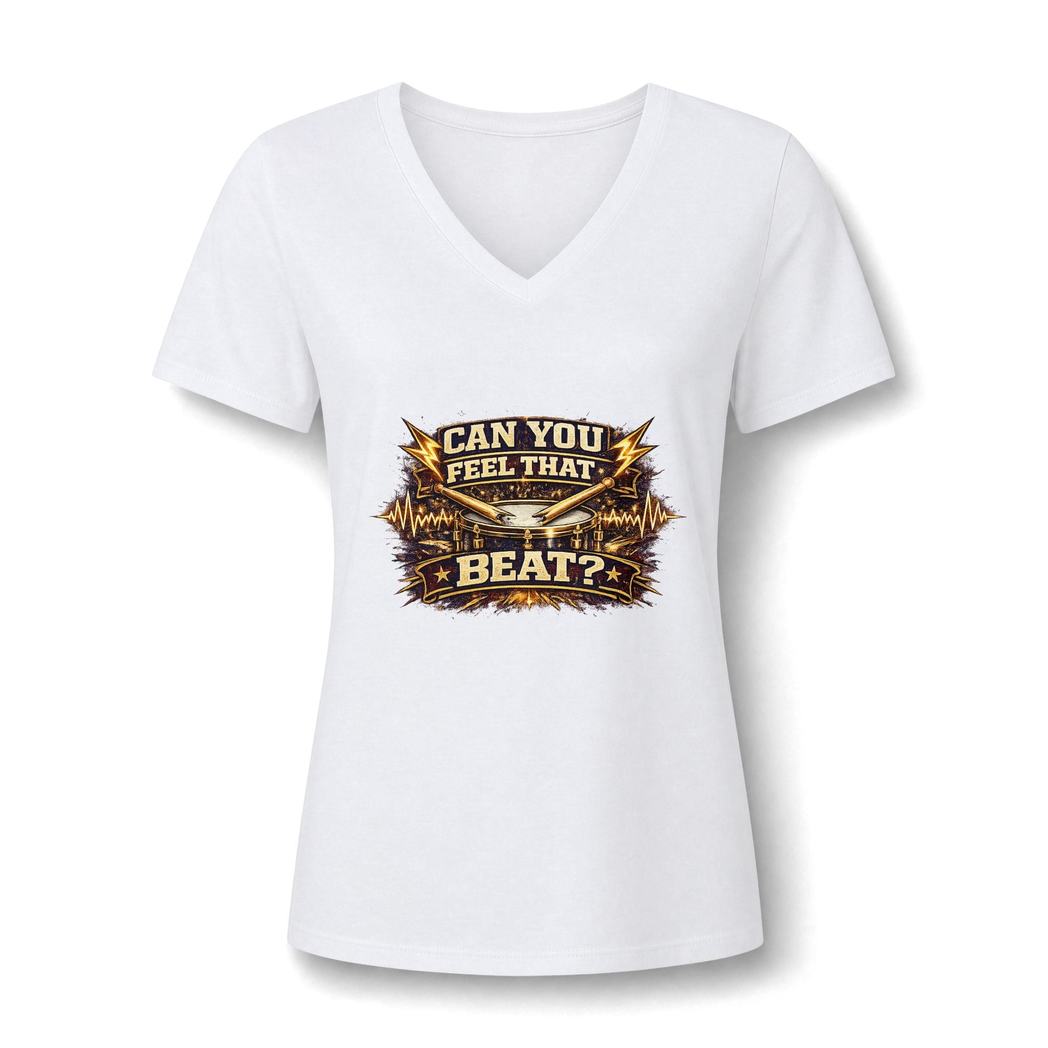 Graphic V-Neck Tee — "Can You Feel That Beat?" Music Festival Shirt for Women