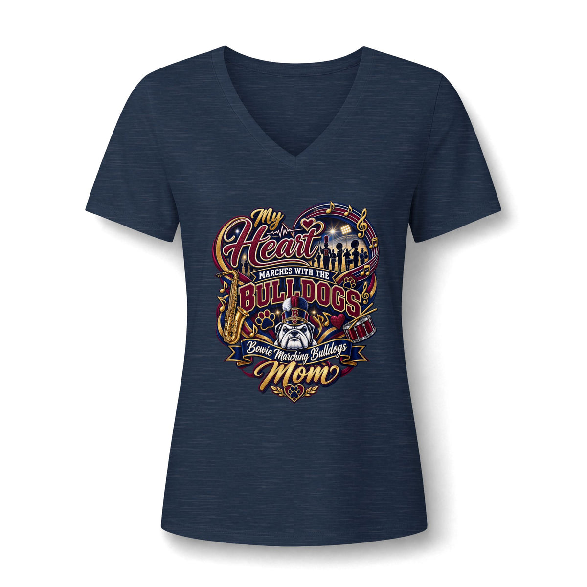 Bulldogs Mom V-Neck Tee - "My Heart Matches With The Bulldogs" Women's Relaxed Shirt