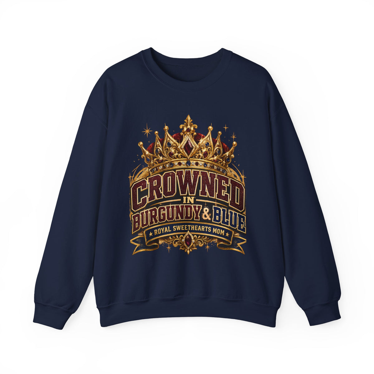 Crowned in Burgundy & Blue Crewneck Sweatshirt — Vintage Royal Crown Graphic