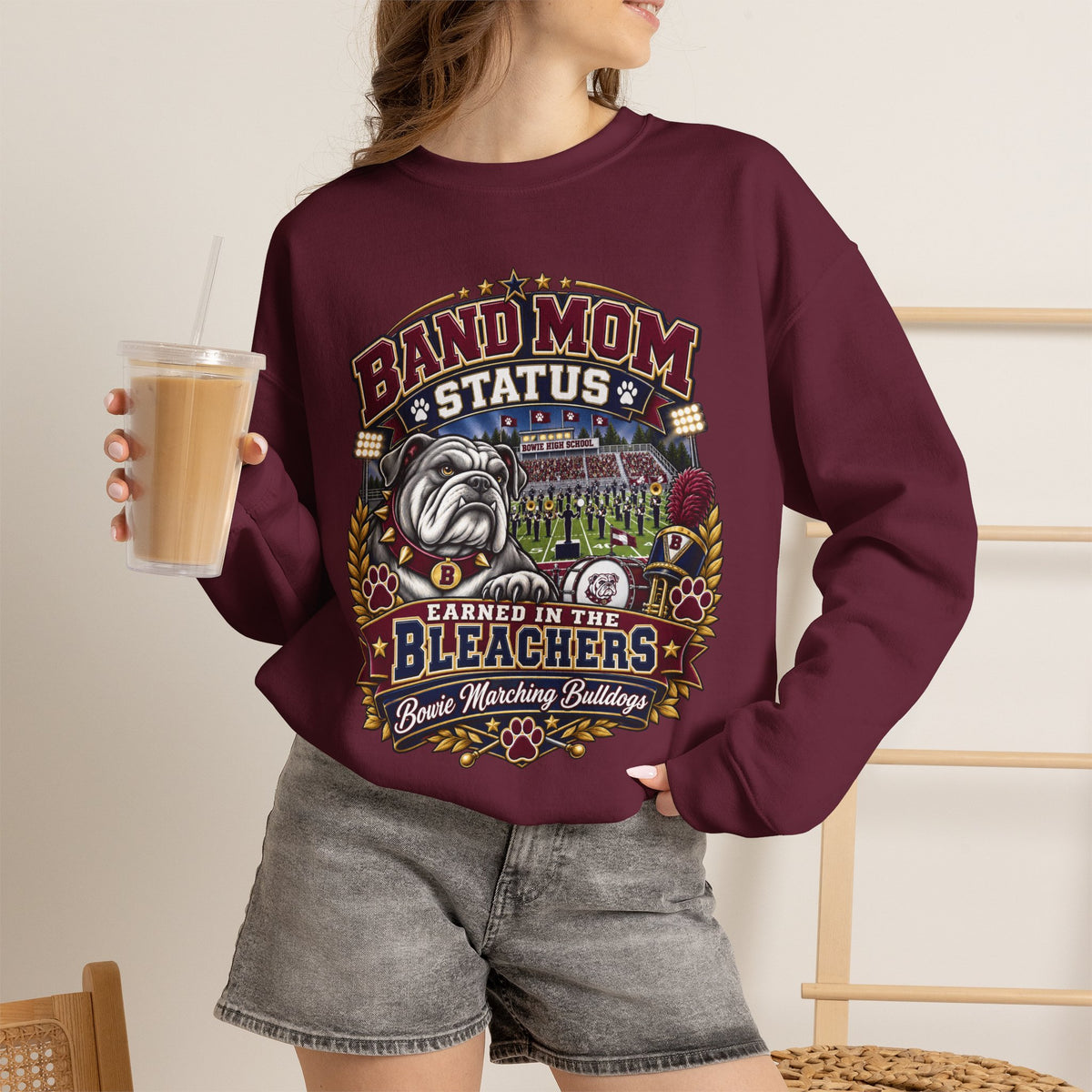 Band Mom Crewneck Sweatshirt — "Band Mom Status: Earned in the Stands" Graphic