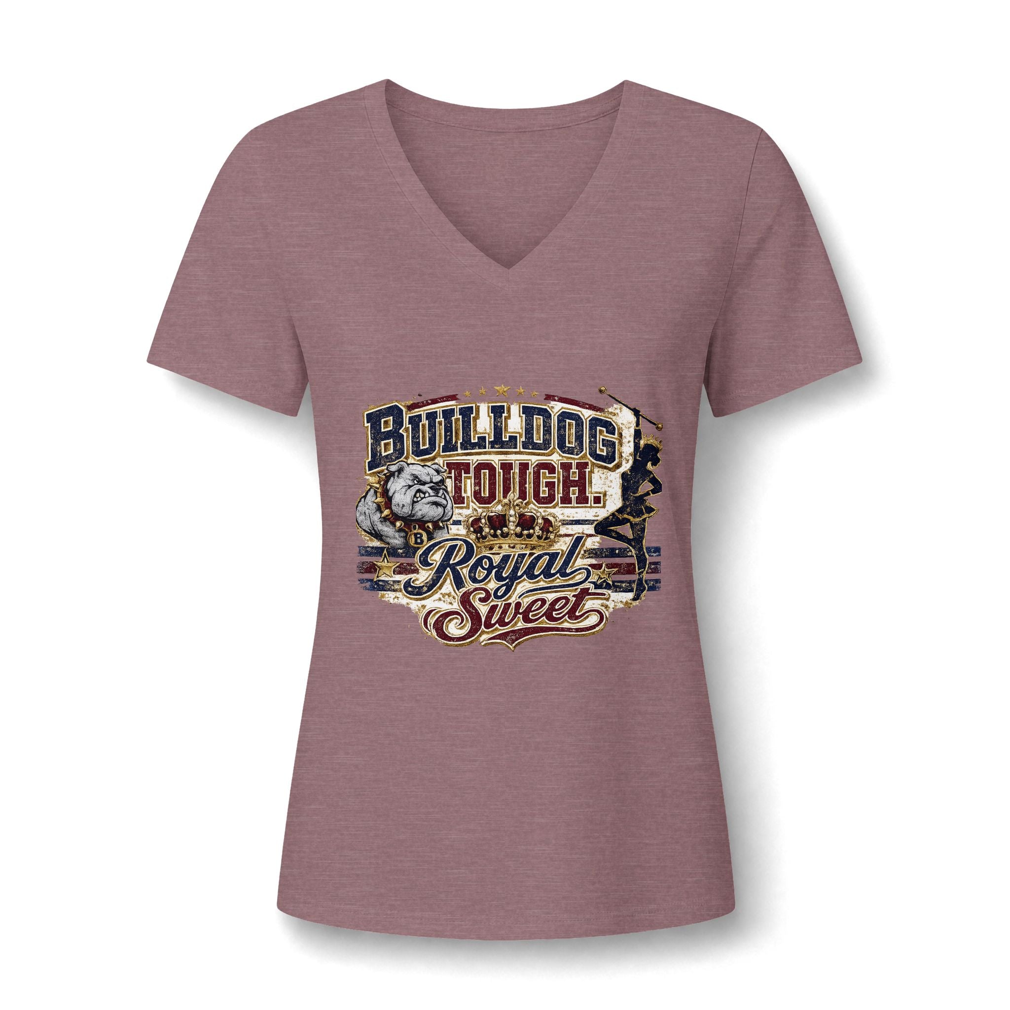 Bulldog Tough V-Neck Tee — 'Bulldog Tough, Royal & Sweet' Women's Graphic T‑Shirt