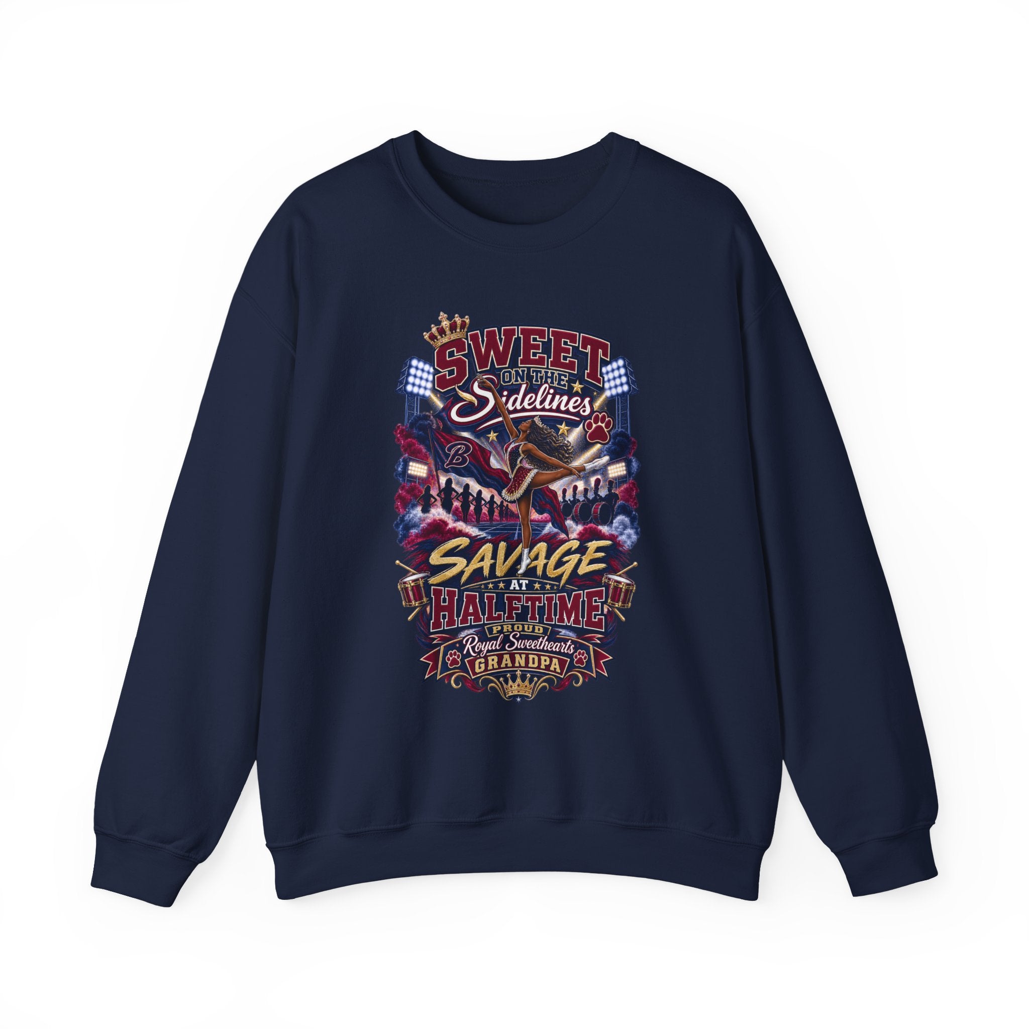 Savage at Halftime Crewneck Sweatshirt — 'Sweet Sideline' Vintage Football Grandpa Graphic