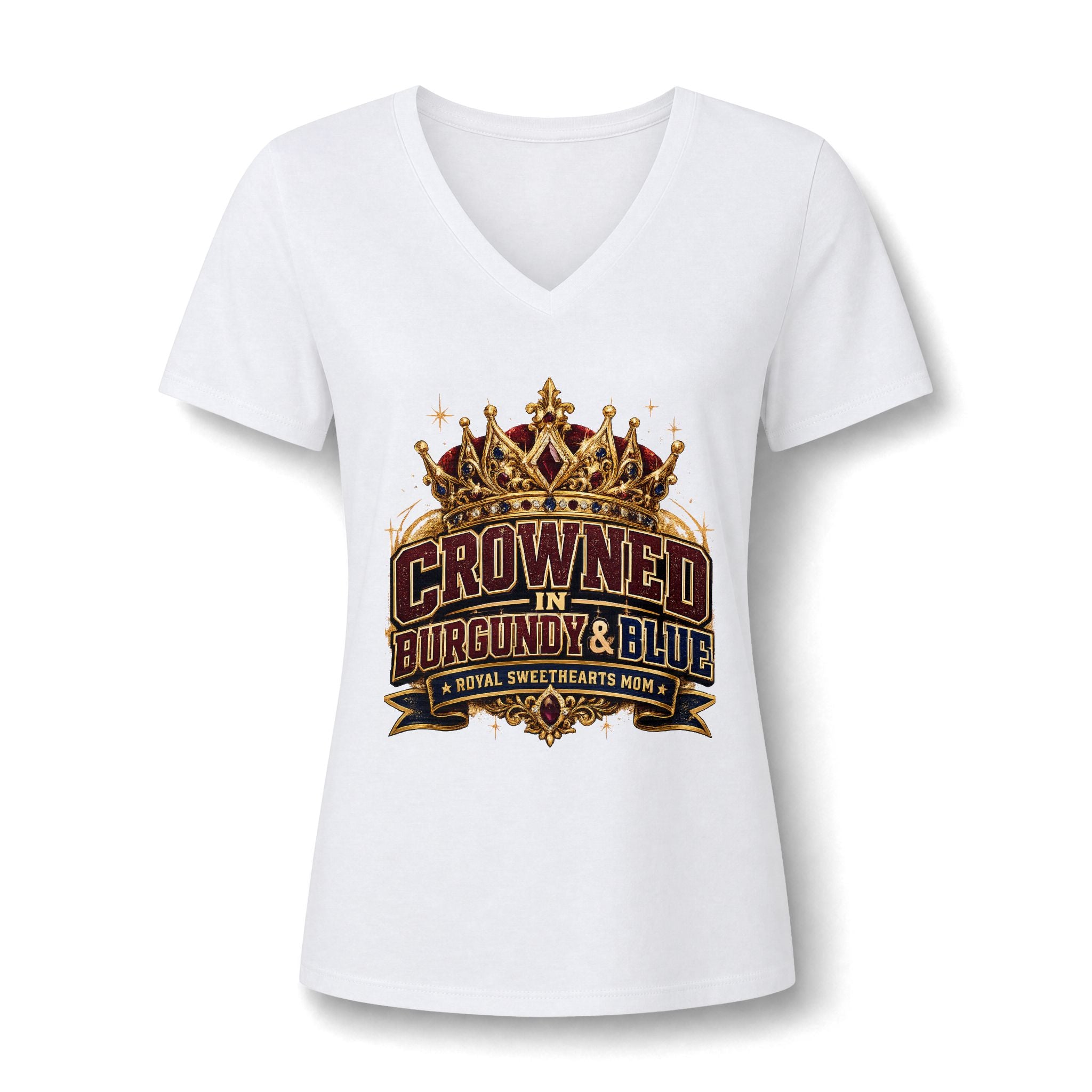 Crowned in Burgundy & Blue V‑Neck Tee — Royal Queen Graphic Shirt