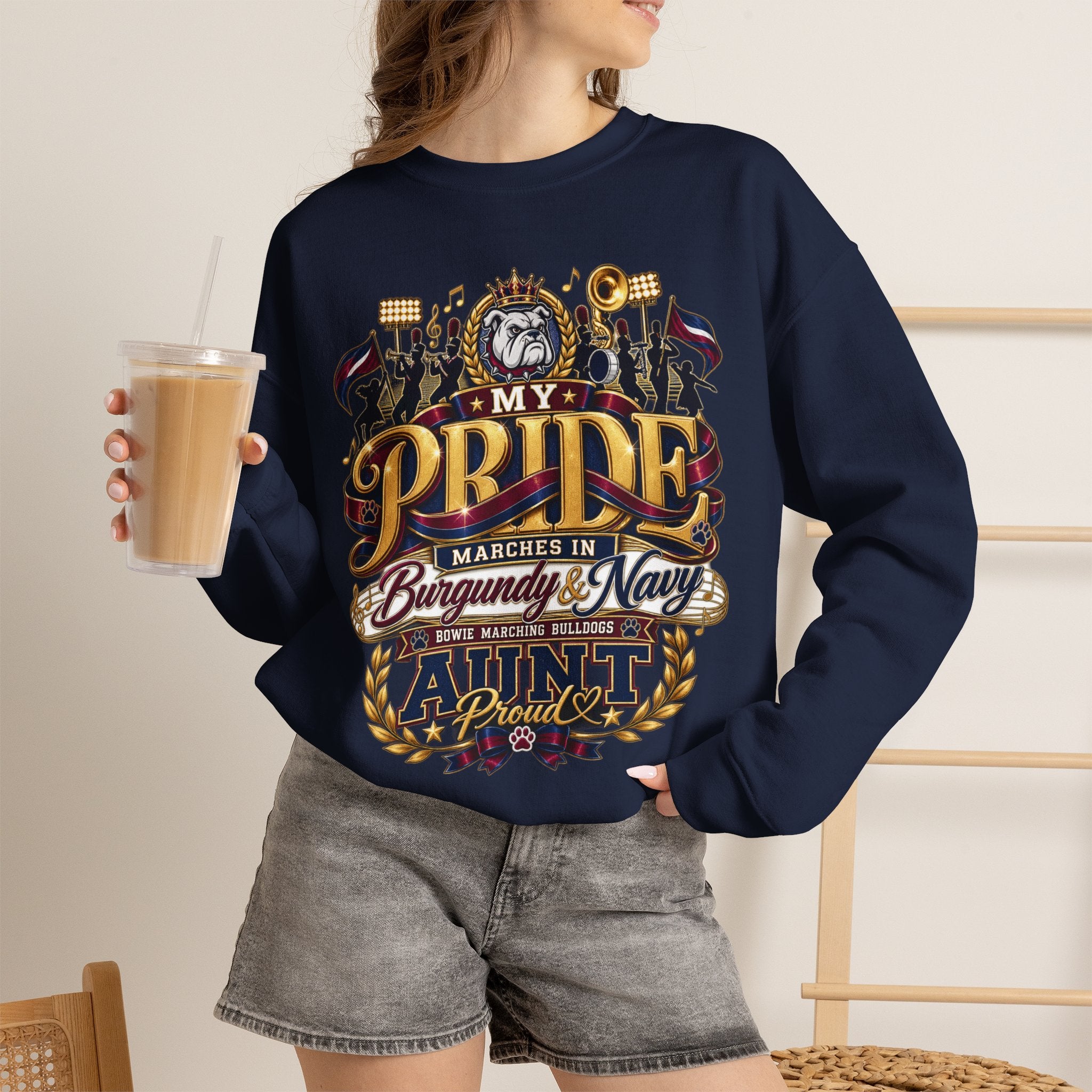 Band Mom Pride Crewneck Sweatshirt — "My Pride Marches in Burgundy & Navy"