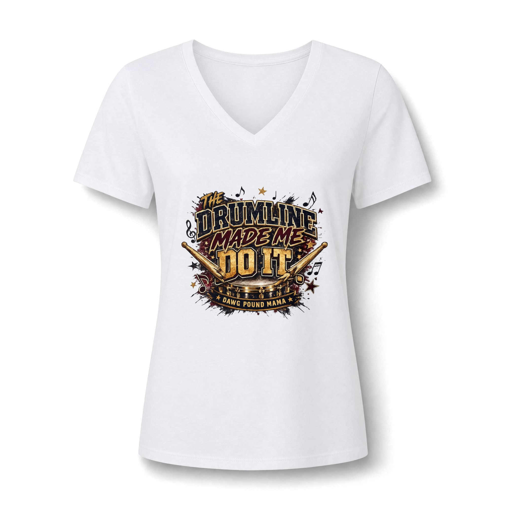 Drumline Made Me Do It V-Neck Tee — Women’s Drumline Drumstick Graphic Shirt