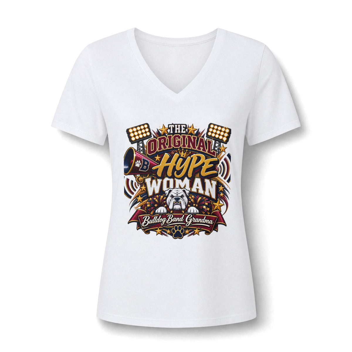 V-Neck Tee - "The Original Hype Woman" Bowling & Band Grandma Graphic