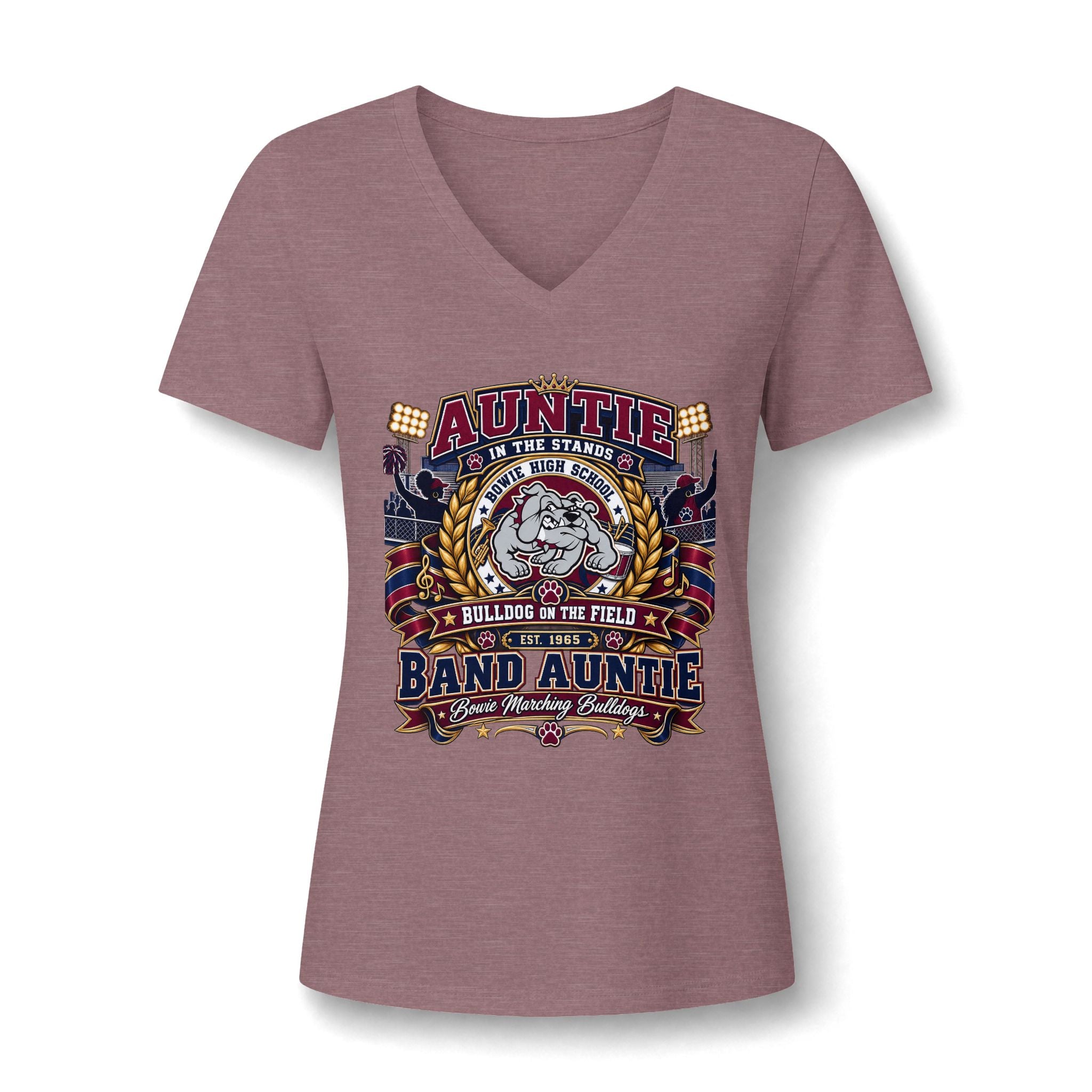 Band Auntie V-Neck Tee — 'Band Auntie' Marching Band Graphic Shirt