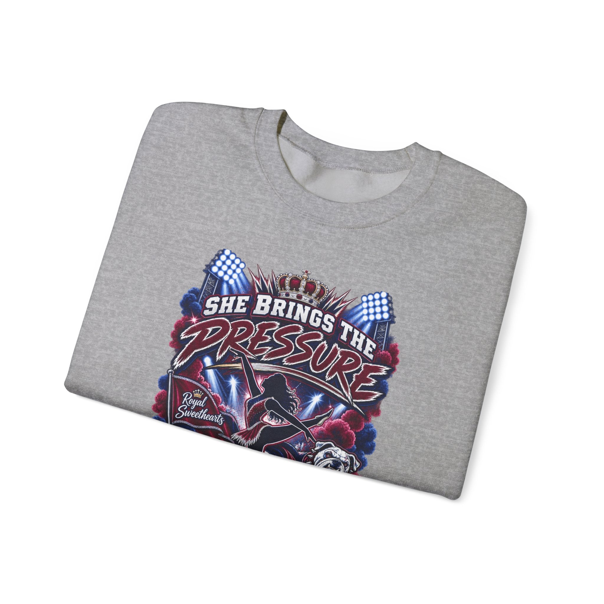 Motorcycle Grandpa Crewneck Sweatshirt — "She Brings the Pressure, I Bring the Pride" Graphic